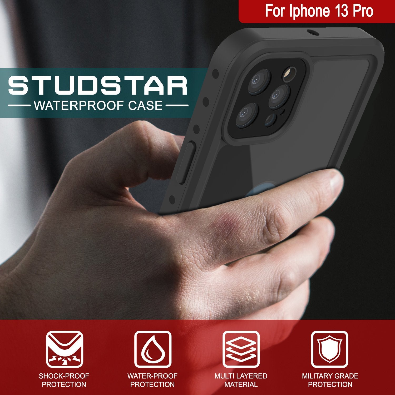 iPhone 13 Pro Waterproof IP68 Case, Punkcase [Black] [StudStar Series] [Slim Fit]