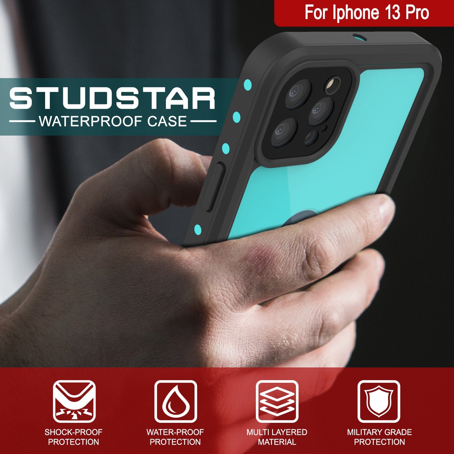 iPhone 13 Pro Waterproof IP68 Case, Punkcase [Teal] [StudStar Series] [Slim Fit]