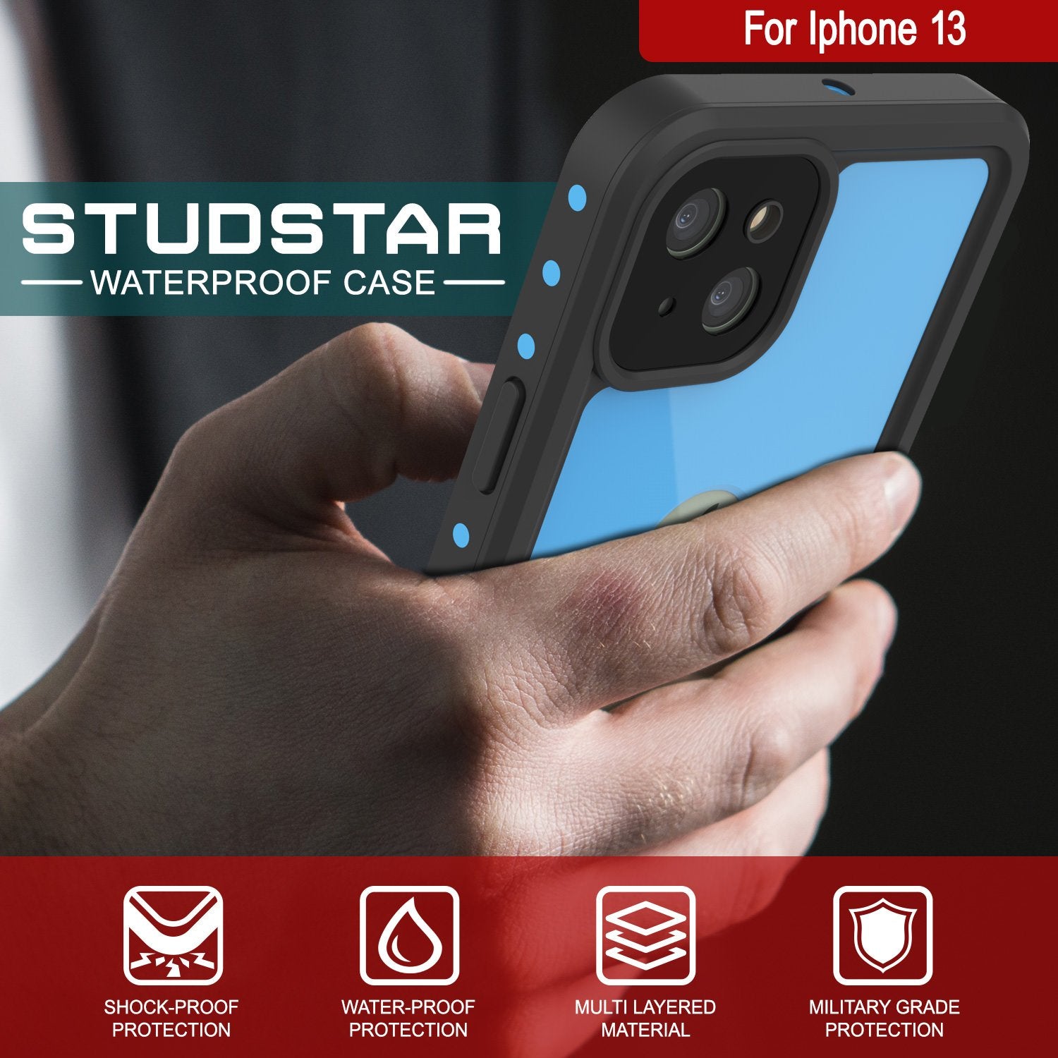 iPhone 13 Waterproof IP68 Case, Punkcase [Light blue] [StudStar Series] [Slim Fit] [Dirtproof]
