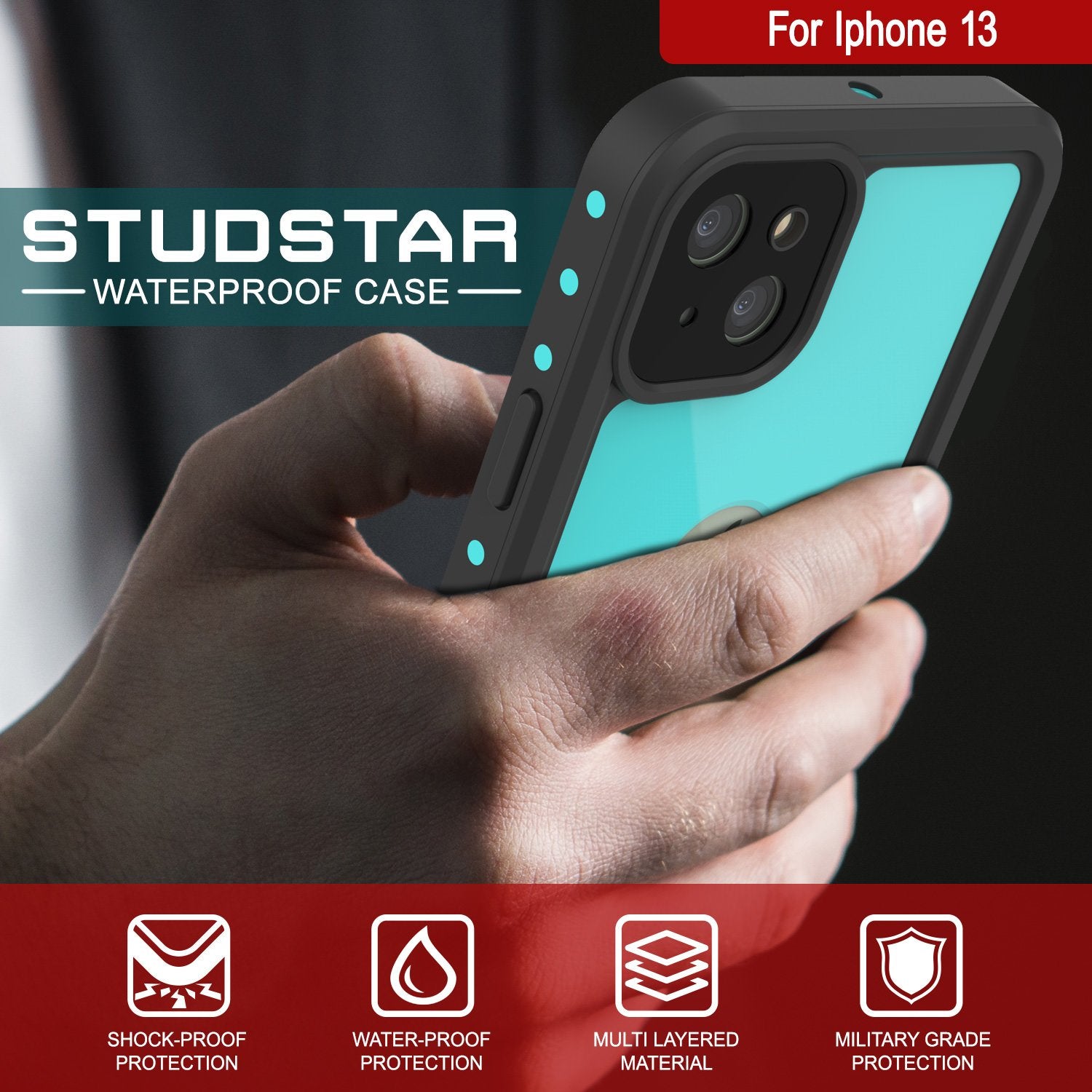 iPhone 13 Waterproof IP68 Case, Punkcase [Teal] [StudStar Series] [Slim Fit]