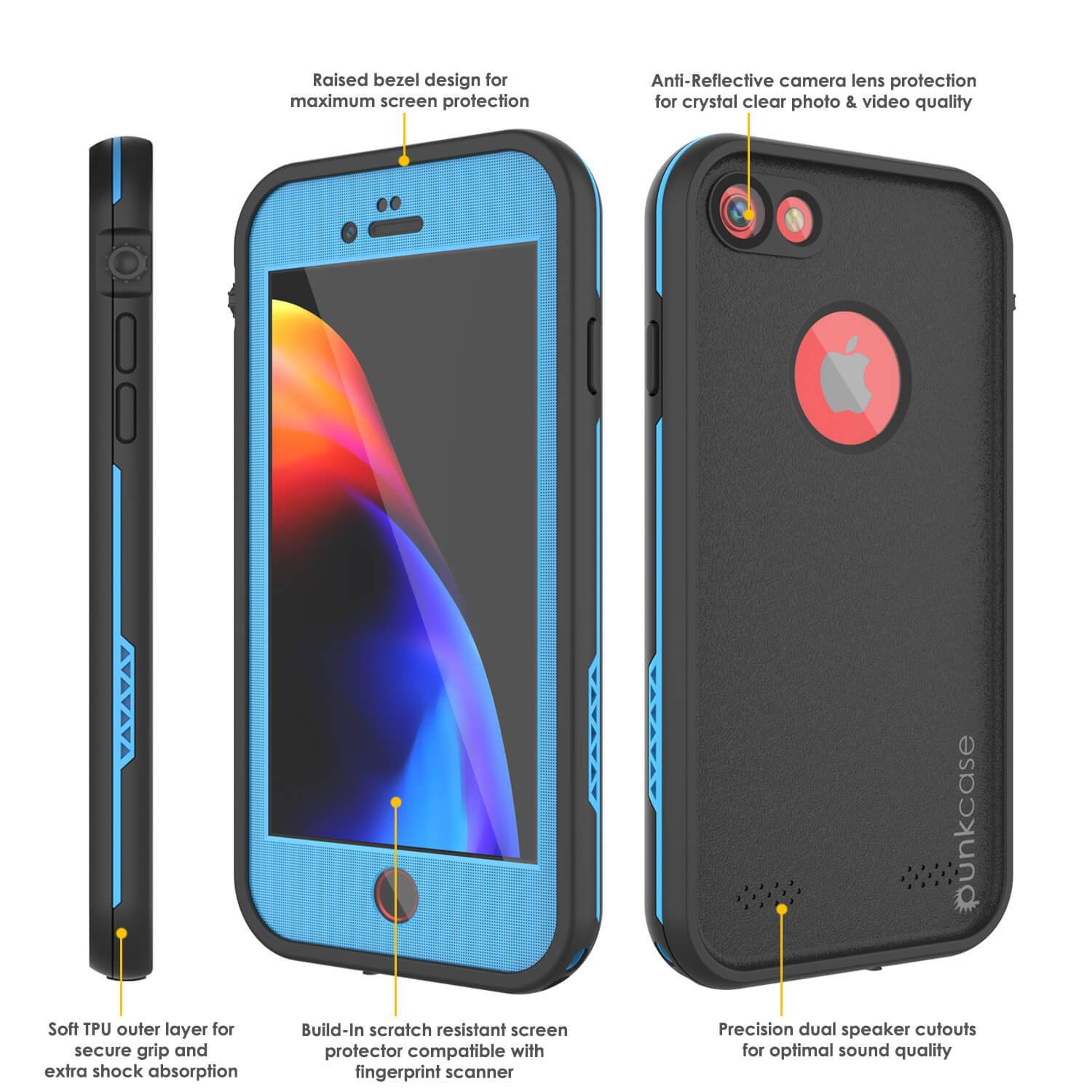iPhone 7 Waterproof Case, Punkcase SpikeStar Light-Blue Series | Thin Fit 6.6ft Underwater IP68