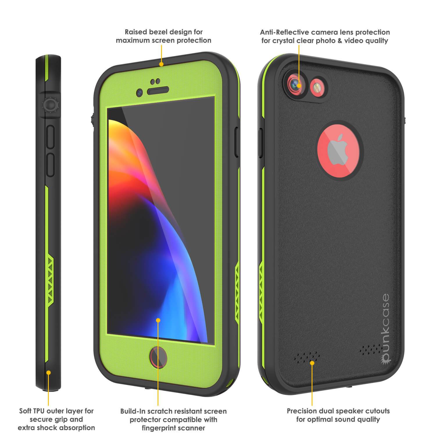 iPhone 7 Waterproof Case, Punkcase SpikeStar Light-Green Series | Thin Fit 6.6ft Underwater IP68