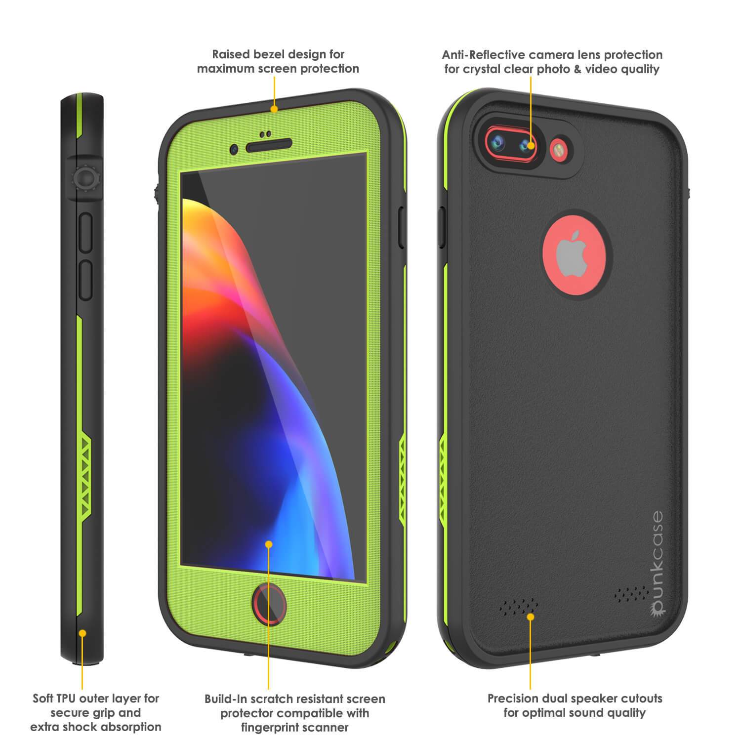 iPhone 8+ Plus Waterproof Case, Punkcase SpikeStar Light-Green Series | Thin Fit 6.6ft Underwater IP68