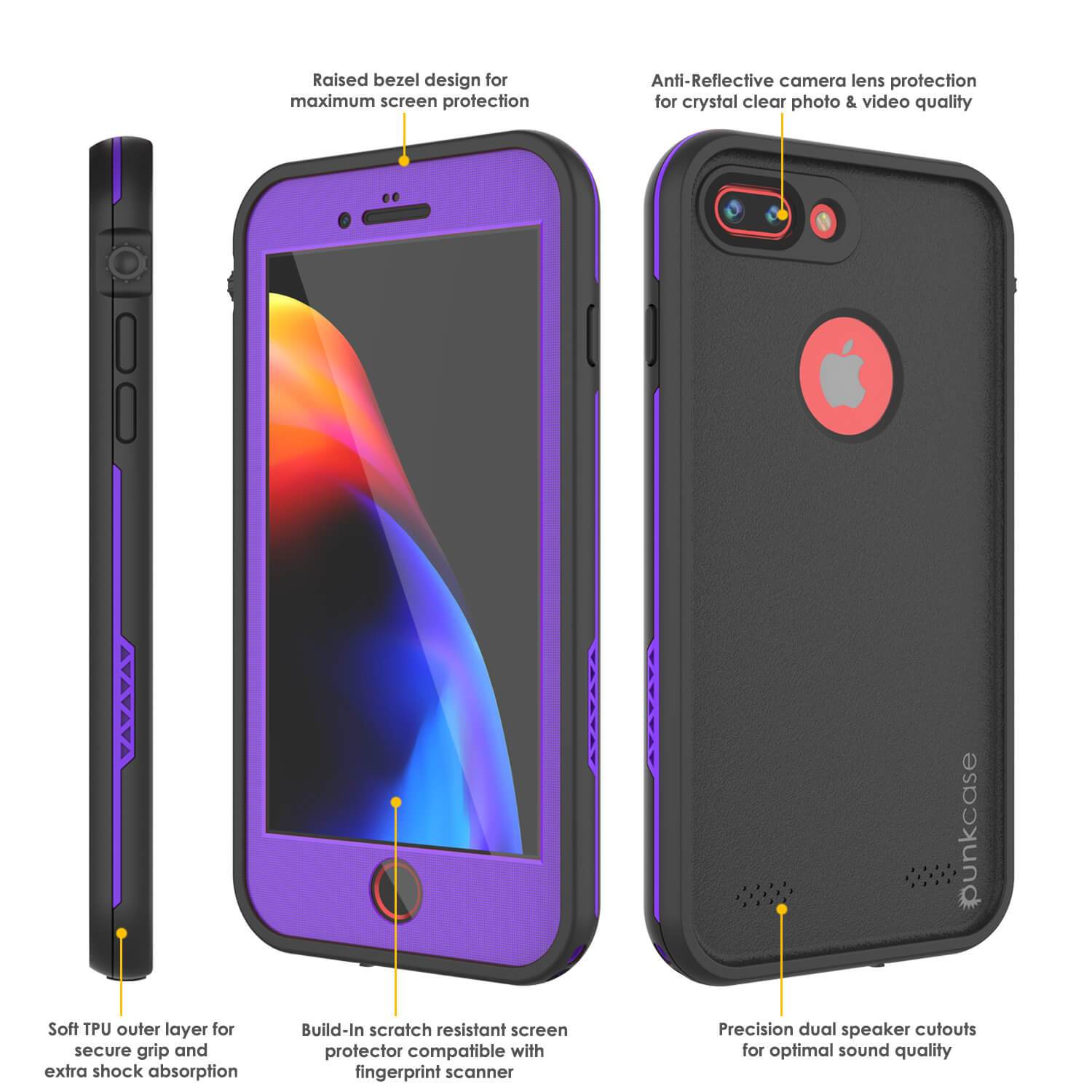 iPhone 8+ Plus Waterproof Case, Punkcase SpikeStar Purple Series | Thin Fit 6.6ft Underwater IP68
