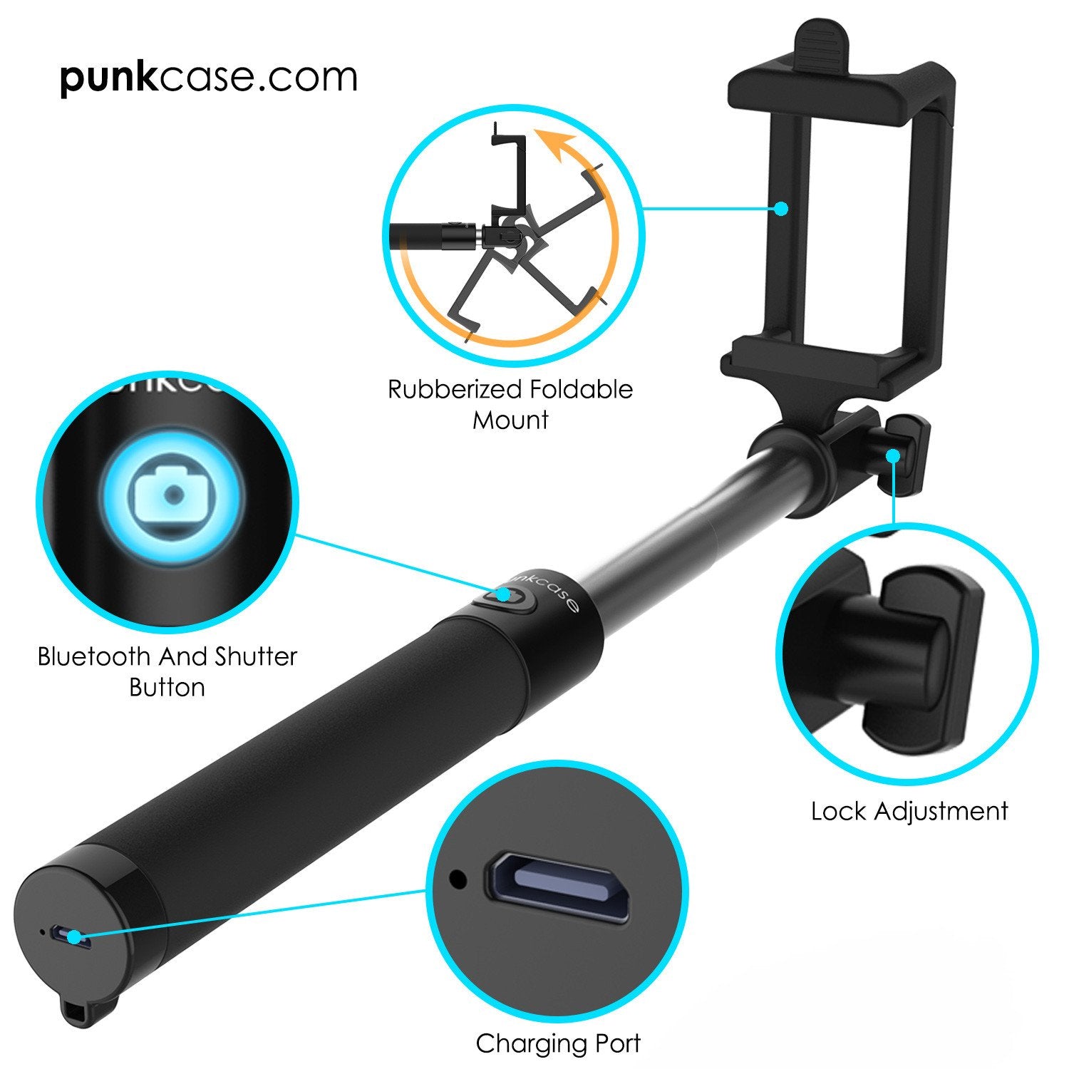 Selfie Stick - Black, Extendable Monopod with Built-In Bluetooth Remote Shutter