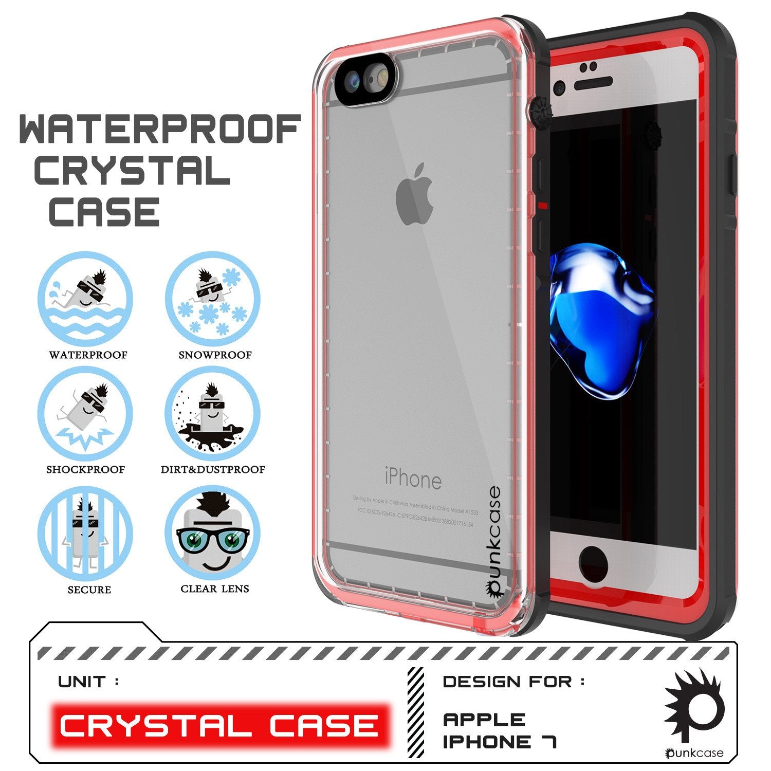 iPhone 8 Waterproof Case, PUNKCase [CRYSTAL SERIES] W/ Attached Screen Protector [RED]