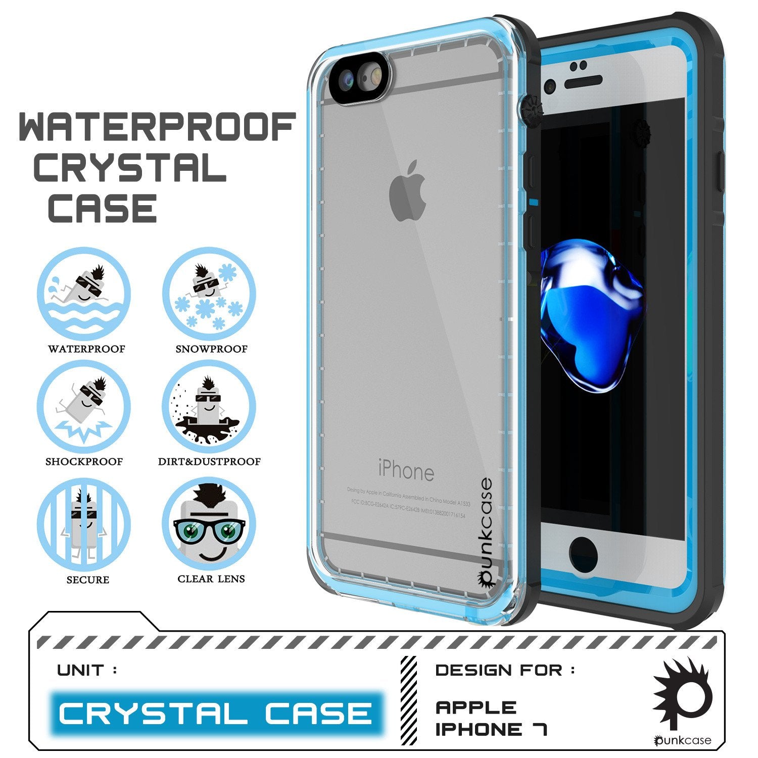 iPhone 8 Waterproof Case, PUNKCase [CRYSTAL SERIES] W/ Attached Screen Protector [Light Blue]