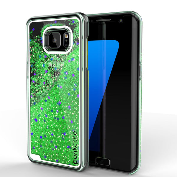S7 Edge Case, PunkCase LIQUID Green Series, Protective Dual Layer Floating Glitter Cover