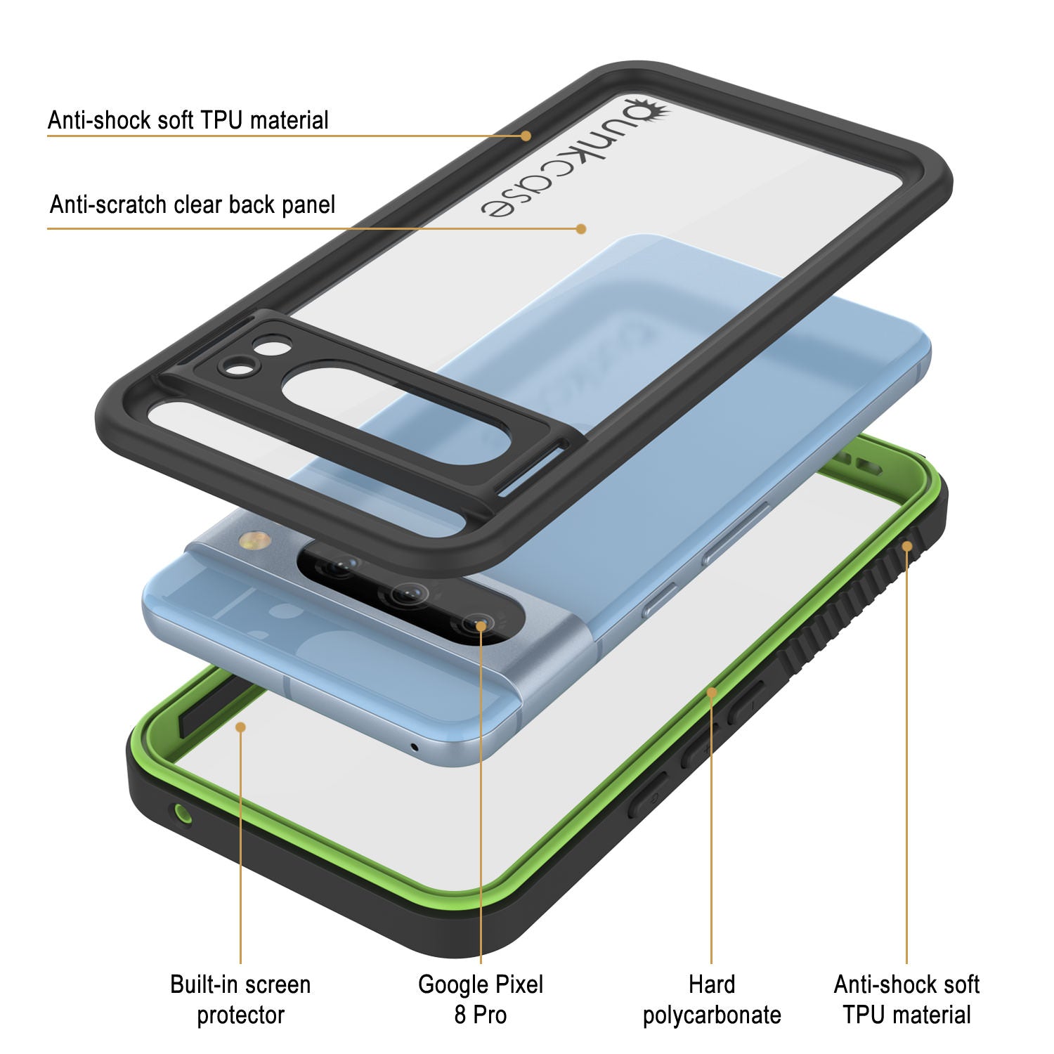 Google Pixel 8 Pro Waterproof Case, Punkcase [Extreme Series] Armor Cover W/ Built In Screen Protector [Light Green]