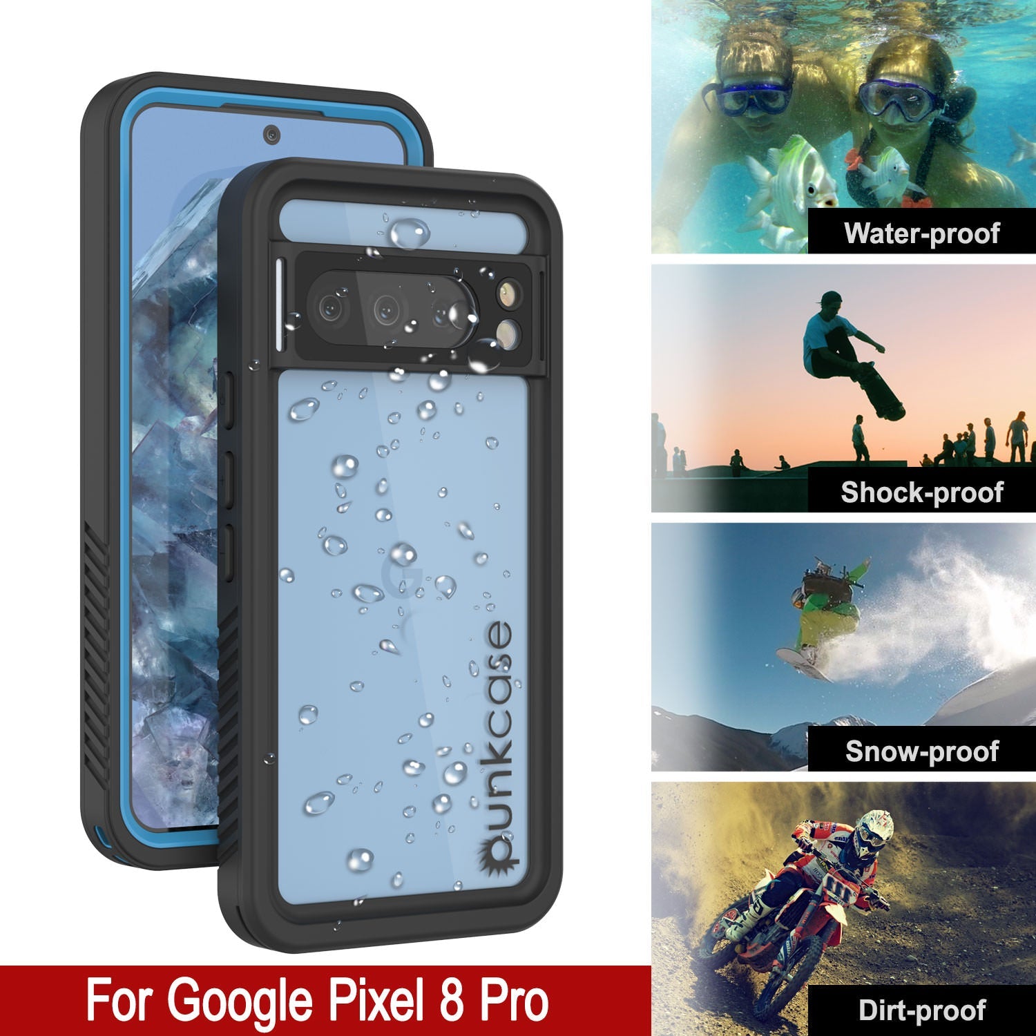 Google Pixel 8 Pro Waterproof Case, Punkcase [Extreme Series] Armor Cover W/ Built In Screen Protector [Light Blue]