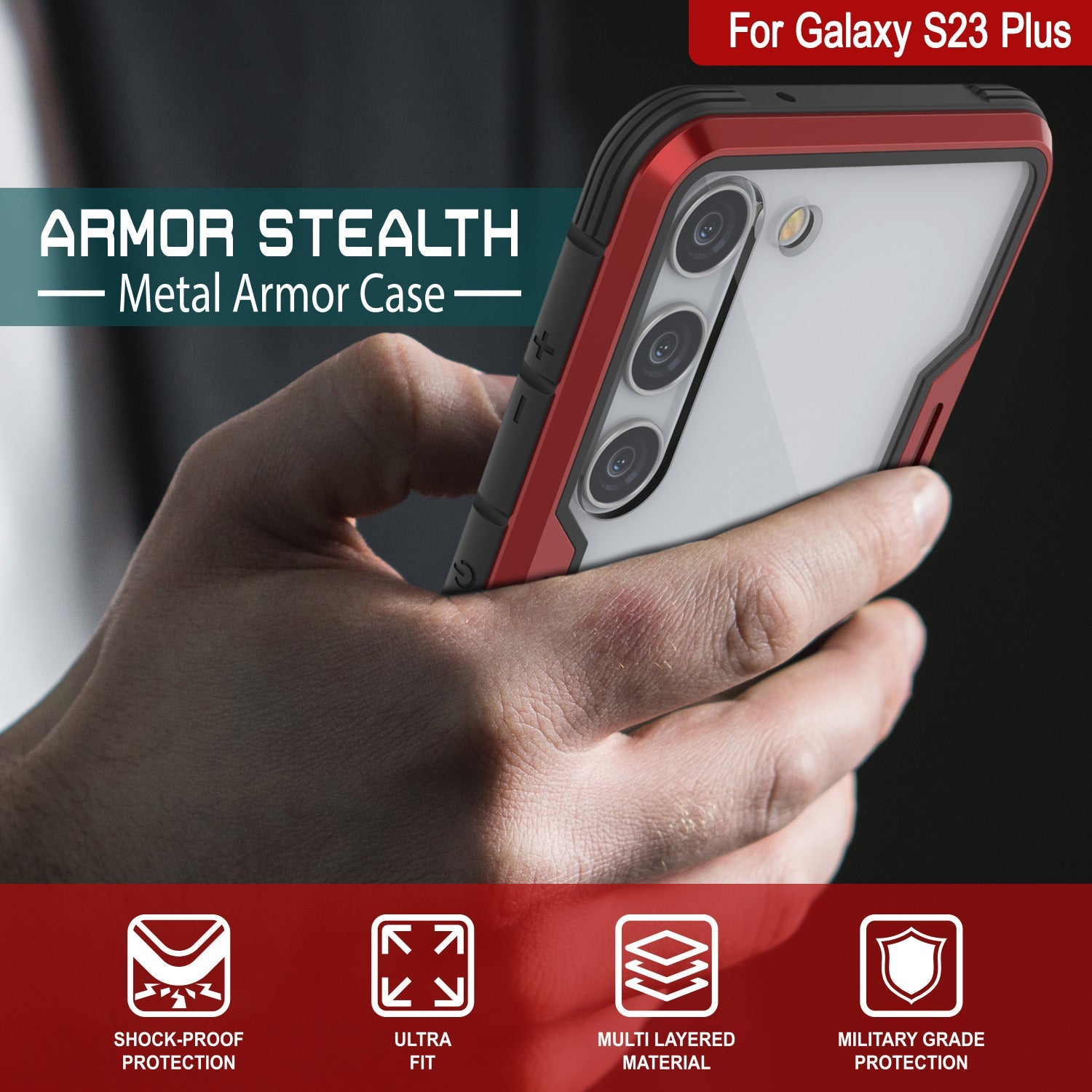 Punkcase S23+ Plus Armor Stealth Case Protective Military Grade Multilayer Cover [Red]