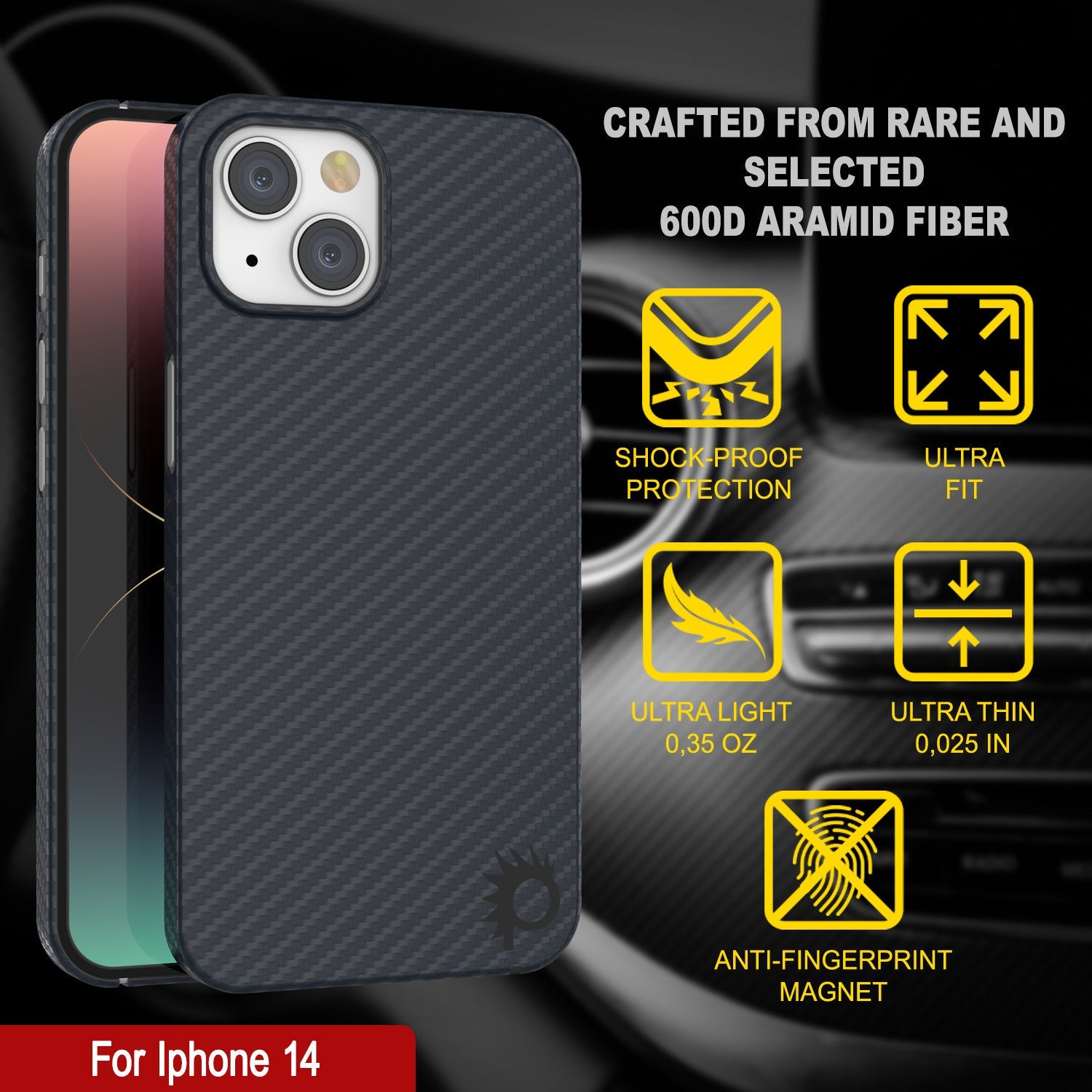 Punkcase iPhone 14 Carbon Fiber Case [AramidShield Series] Ultra Slim & Light Kevlar