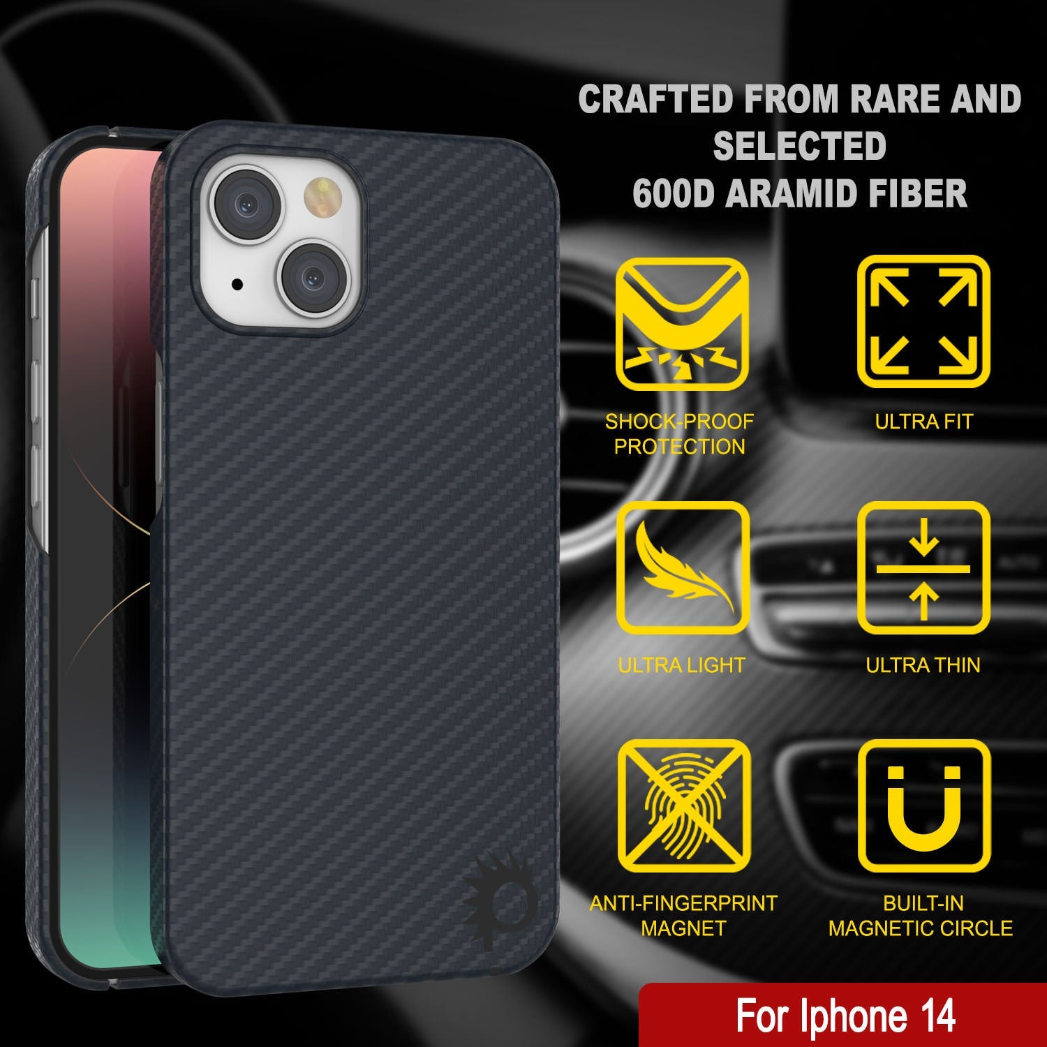 Punkcase for iPhone 14 Carbon Fiber Case [Aramid MagShield Series] Ultra Slim & Light