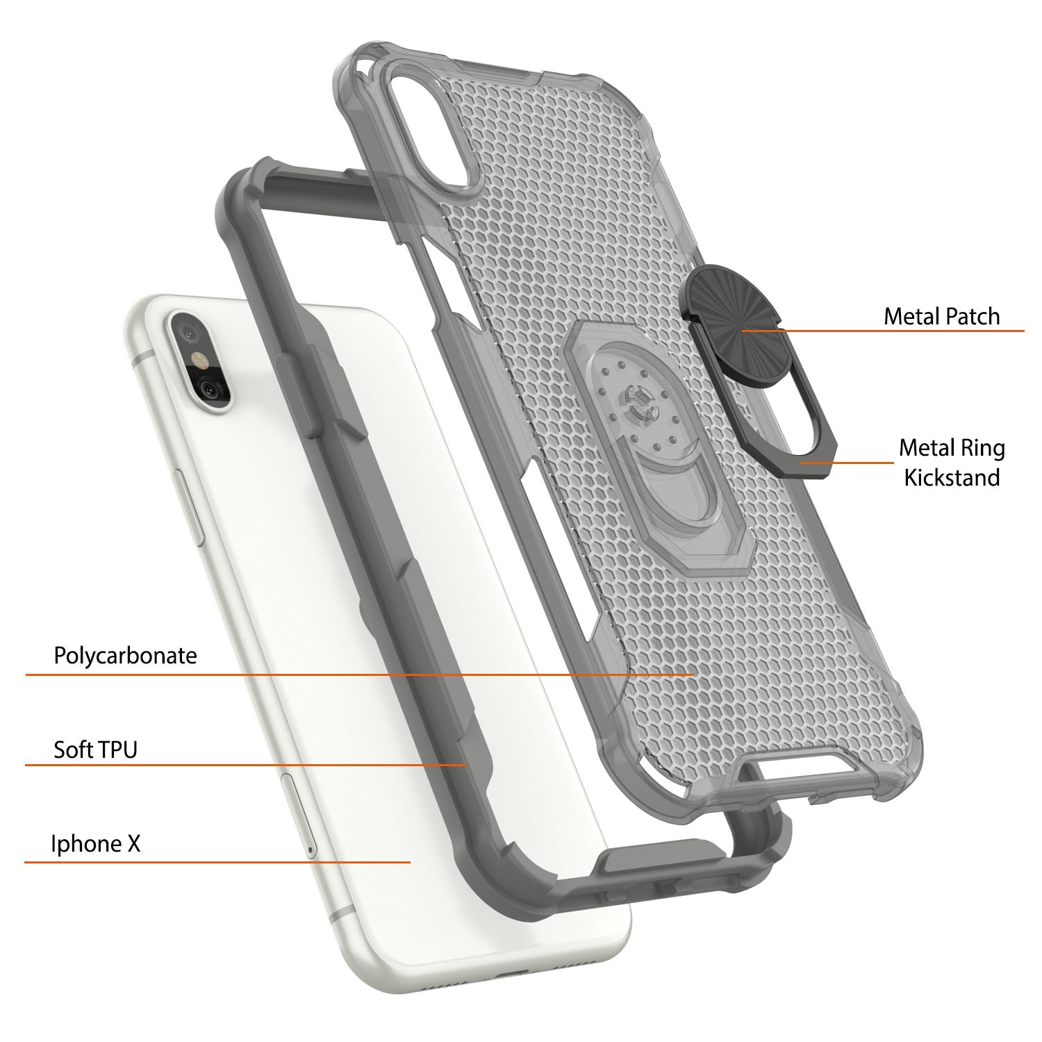 PunkCase for iPhone X Case [Magnetix 2.0 Series] Clear Protective TPU Cover W/Kickstand [Grey]