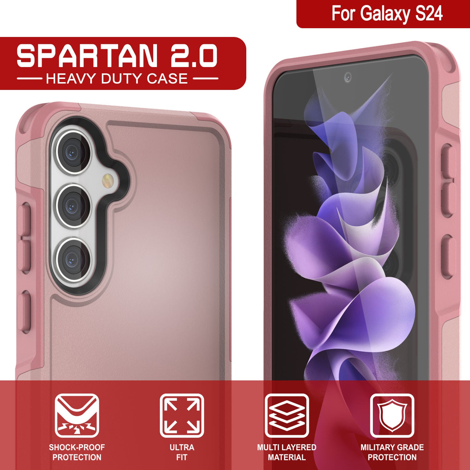 PunkCase Galaxy S24 Case, [Spartan 2.0 Series] Clear Rugged Heavy Duty Cover [Pink]