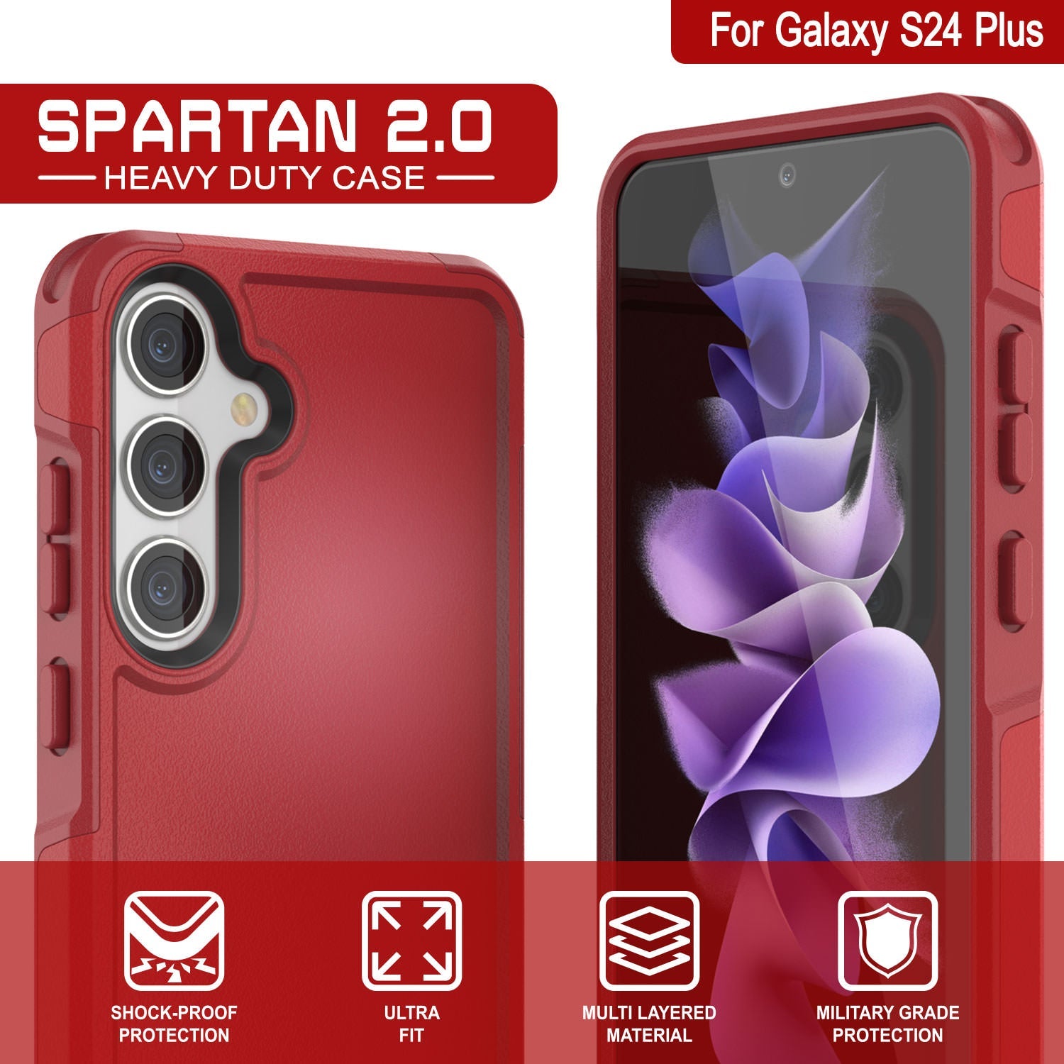 PunkCase Galaxy S24+ Plus Case, [Spartan 2.0 Series] Clear Rugged Heavy Duty Cover [Red]