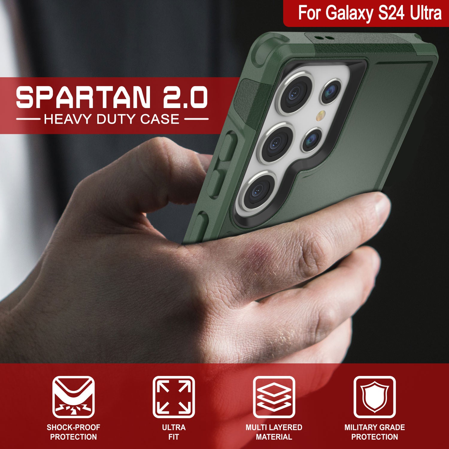 PunkCase Galaxy S24 Ultra Case, [Spartan 2.0 Series] Clear Rugged Heavy Duty Cover [Dark Green]