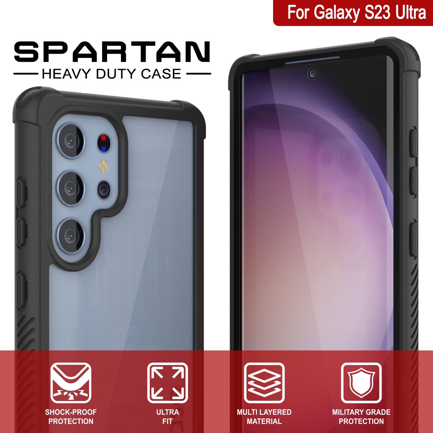 PunkCase Galaxy S23 Ultra Case, [Spartan Series] Clear Rugged Heavy Duty Cover [Black]