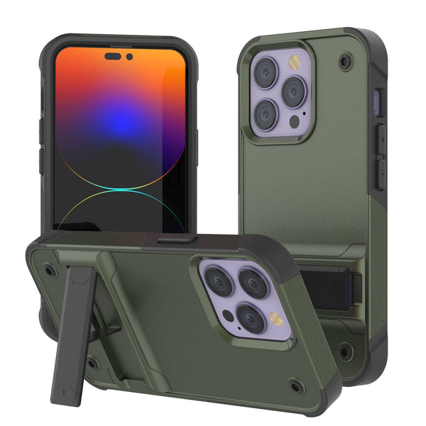 Punkcase iPhone 14 Pro Max Case [Reliance Series] Protective Hybrid Military Grade Cover W/Built-in Kickstand [Army-Green-Black]