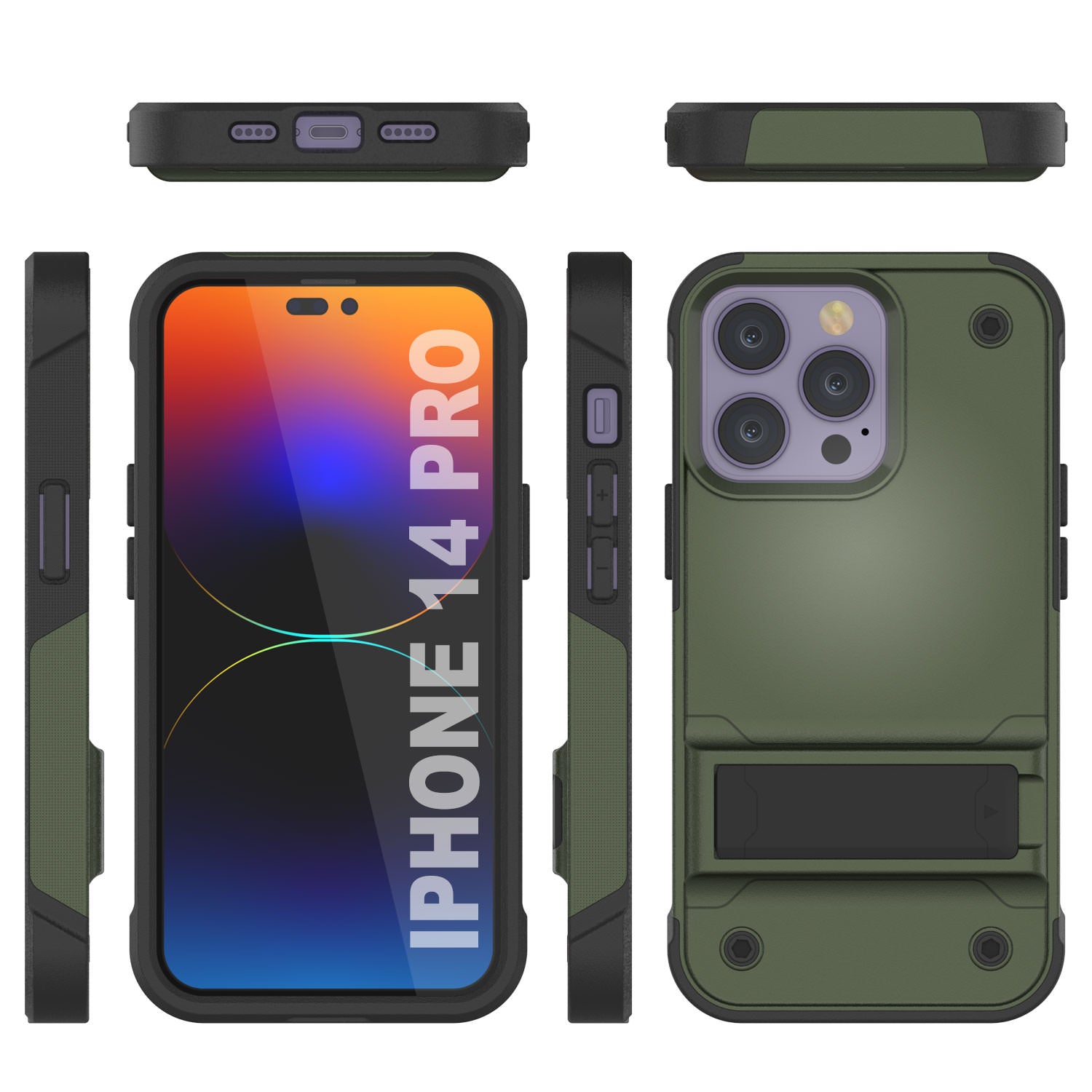 Punkcase iPhone 14 Pro Case [Reliance Series] Protective Hybrid Military Grade Cover W/Built-in Kickstand [Army-Green-Black]