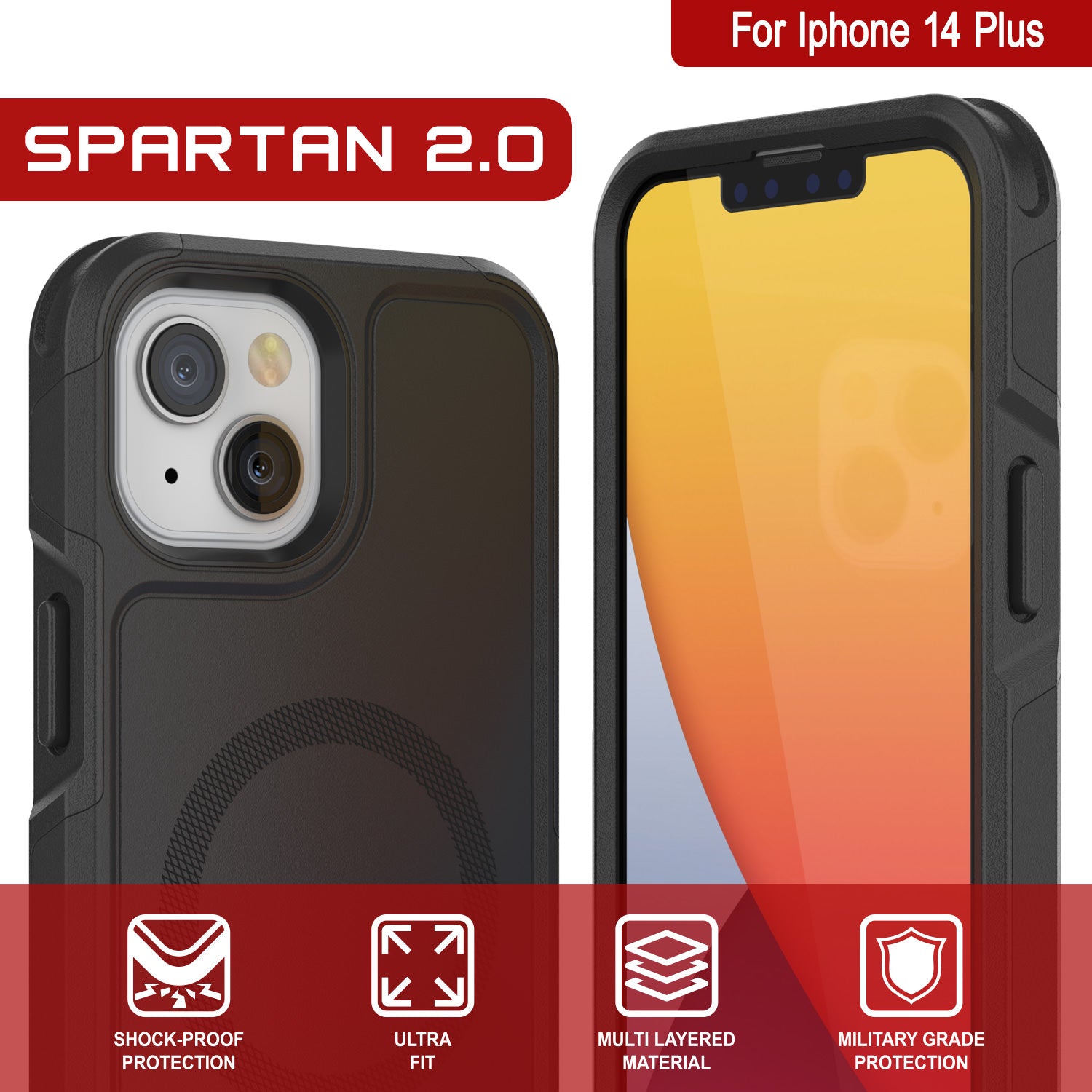 PunkCase iPhone 14 Plus Case, [Spartan 2.0 Series] Clear Rugged Heavy Duty Cover W/Built in Screen Protector [Black]