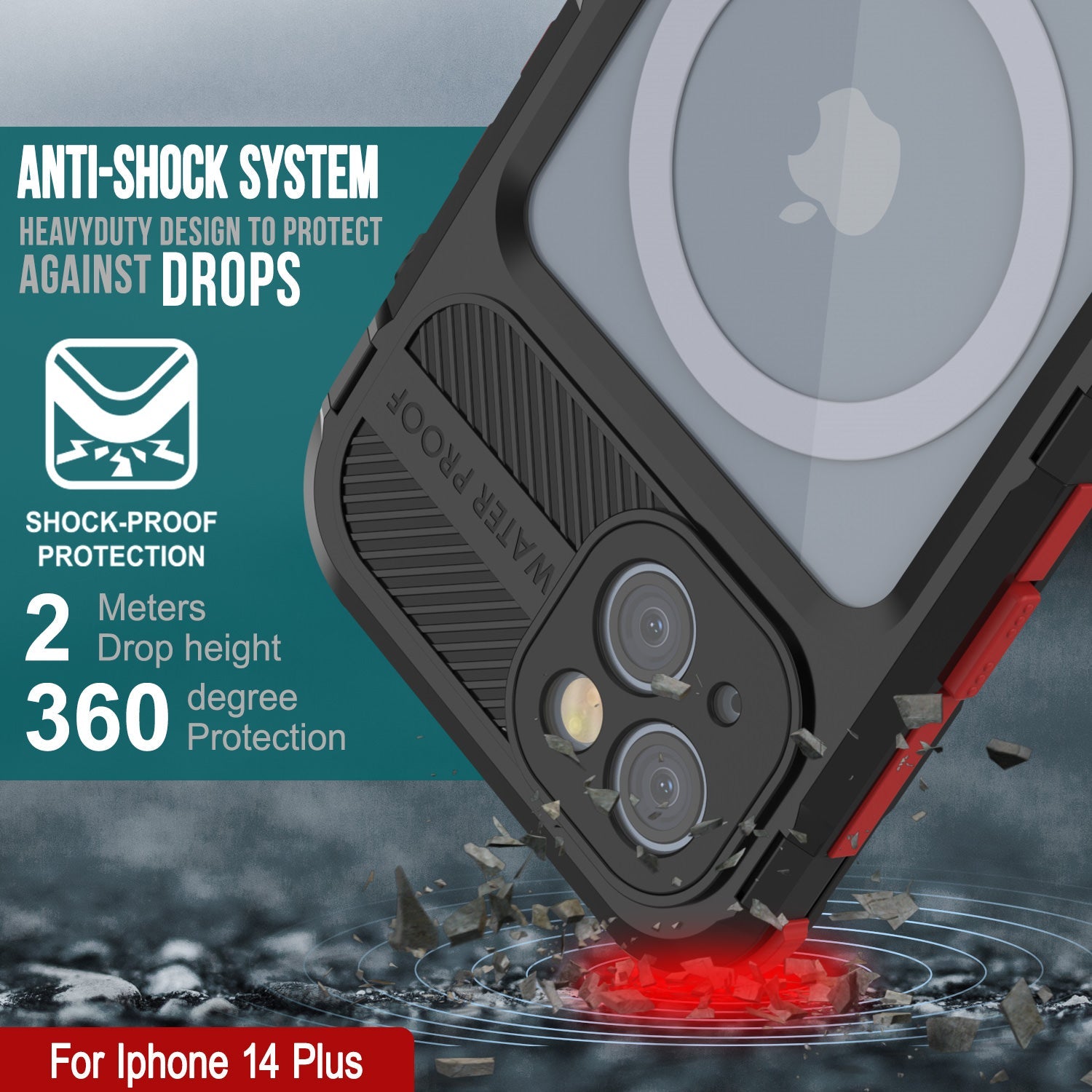 iPhone 14 Plus Metal Extreme 2.0 Series Aluminum Waterproof Case IP68 W/Buillt in Screen Protector [Black-Red]