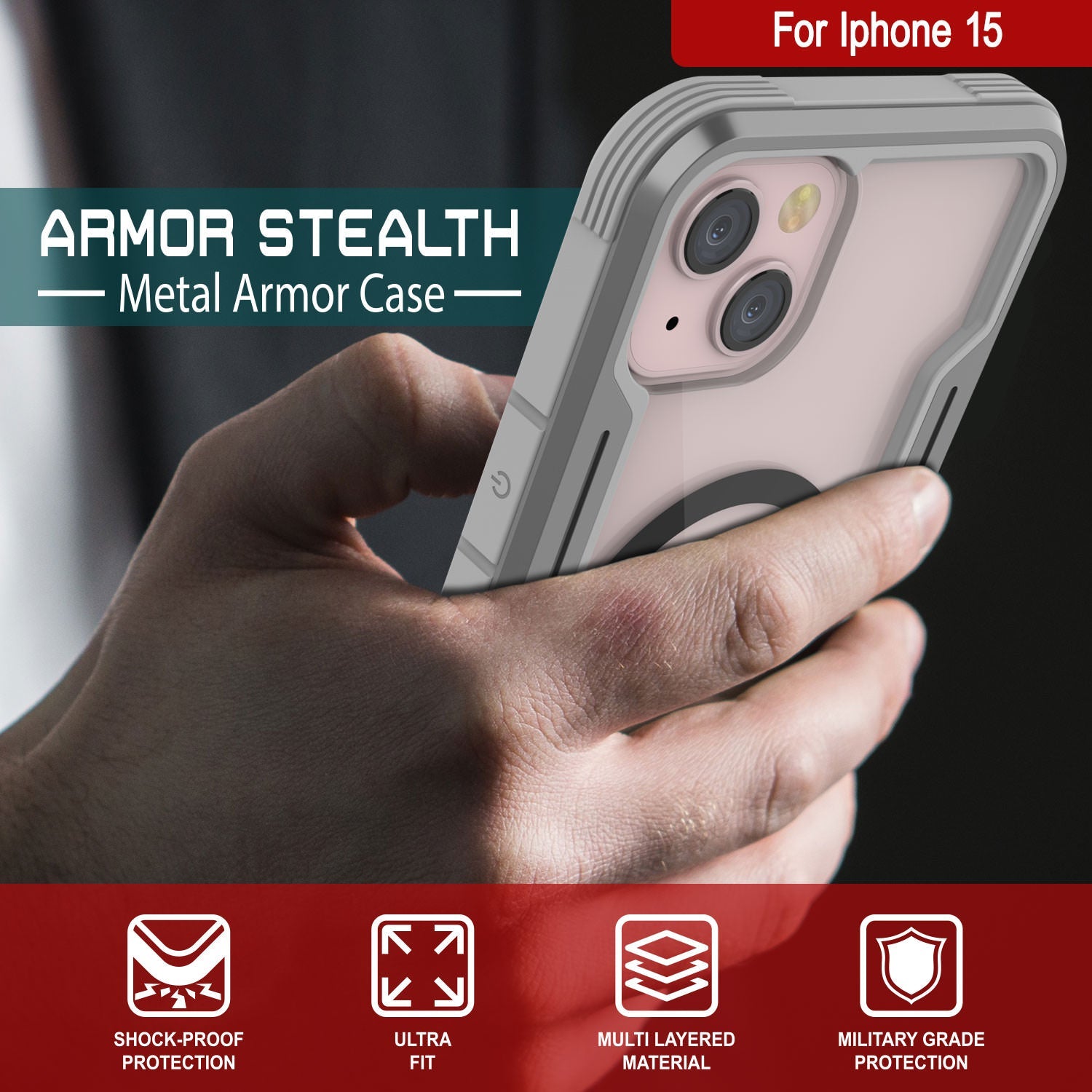 Punkcase iPhone 15 Armor Stealth MAG Defense Case Protective Military Grade Multilayer Cover [Grey]