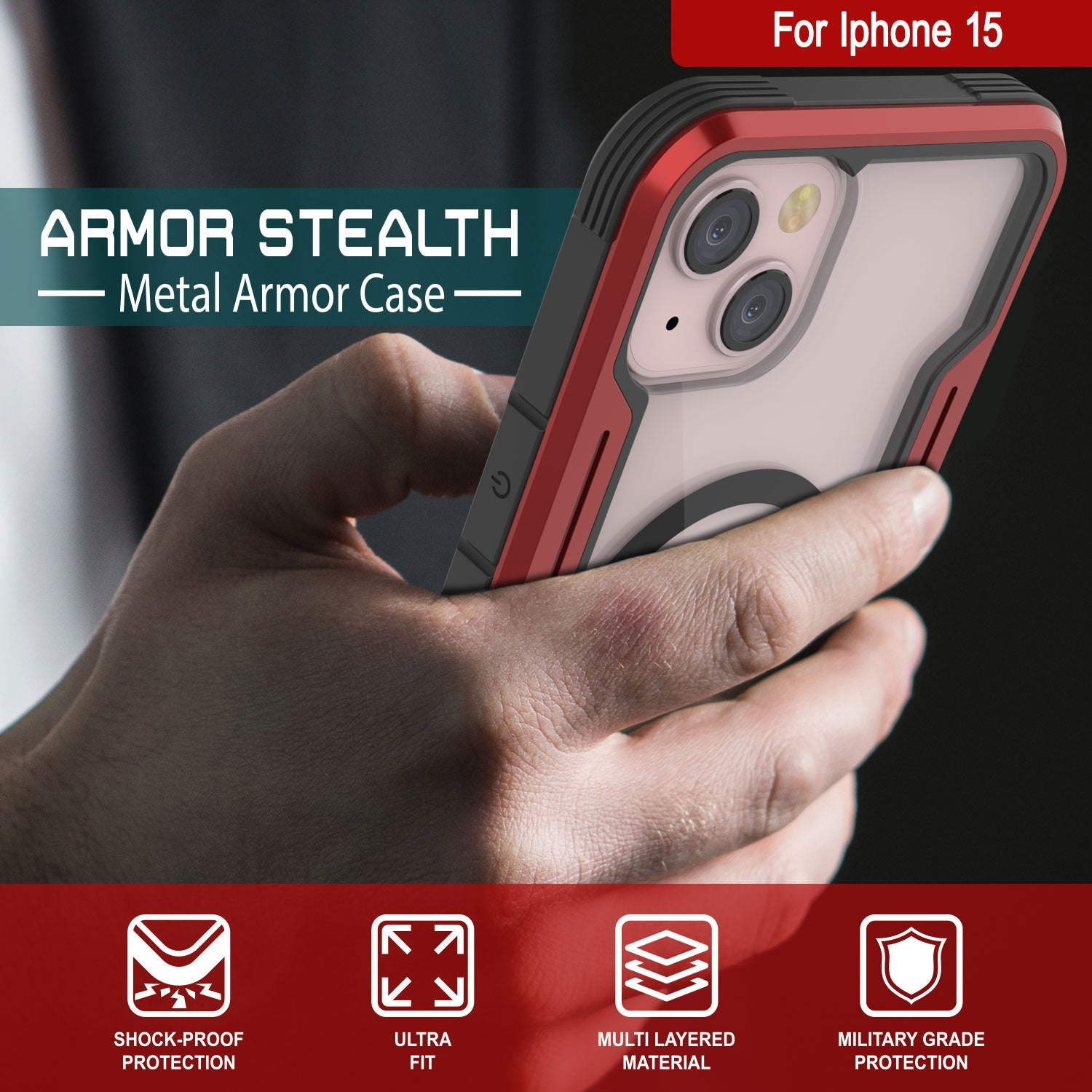 Punkcase iPhone 15 Armor Stealth MAG Defense Case Protective Military Grade Multilayer Cover [Red]