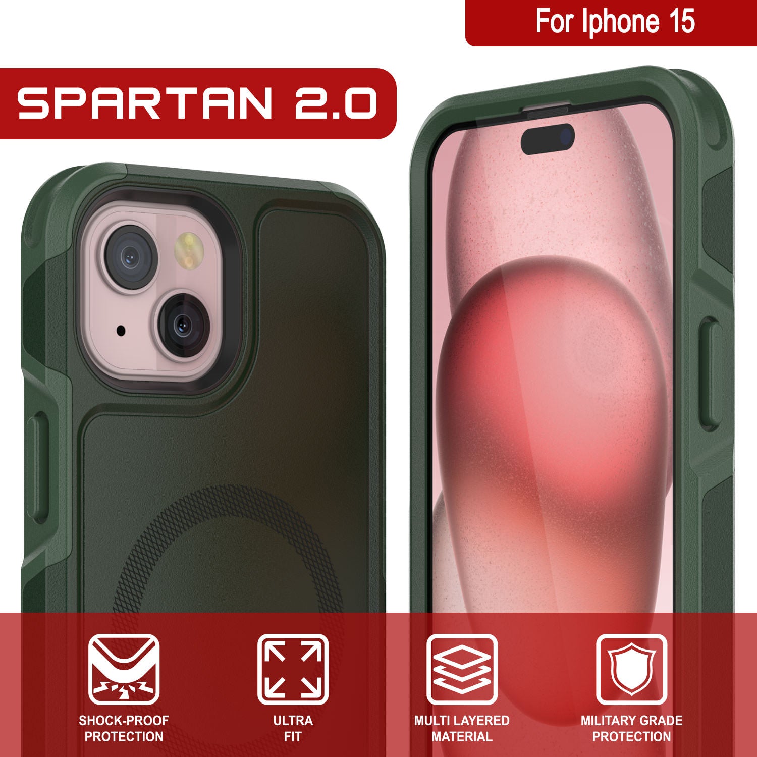 PunkCase iPhone 15 Case, [Spartan 2.0 Series] Clear Rugged Heavy Duty Cover W/Built in Screen Protector [dark green]