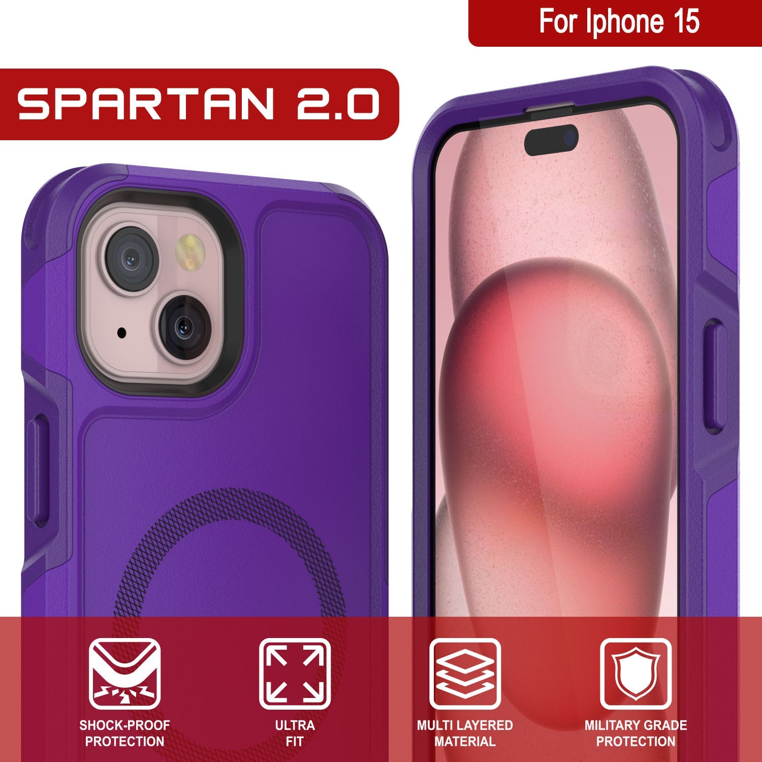 PunkCase iPhone 15 Case, [Spartan 2.0 Series] Clear Rugged Heavy Duty Cover W/Built in Screen Protector [purple]