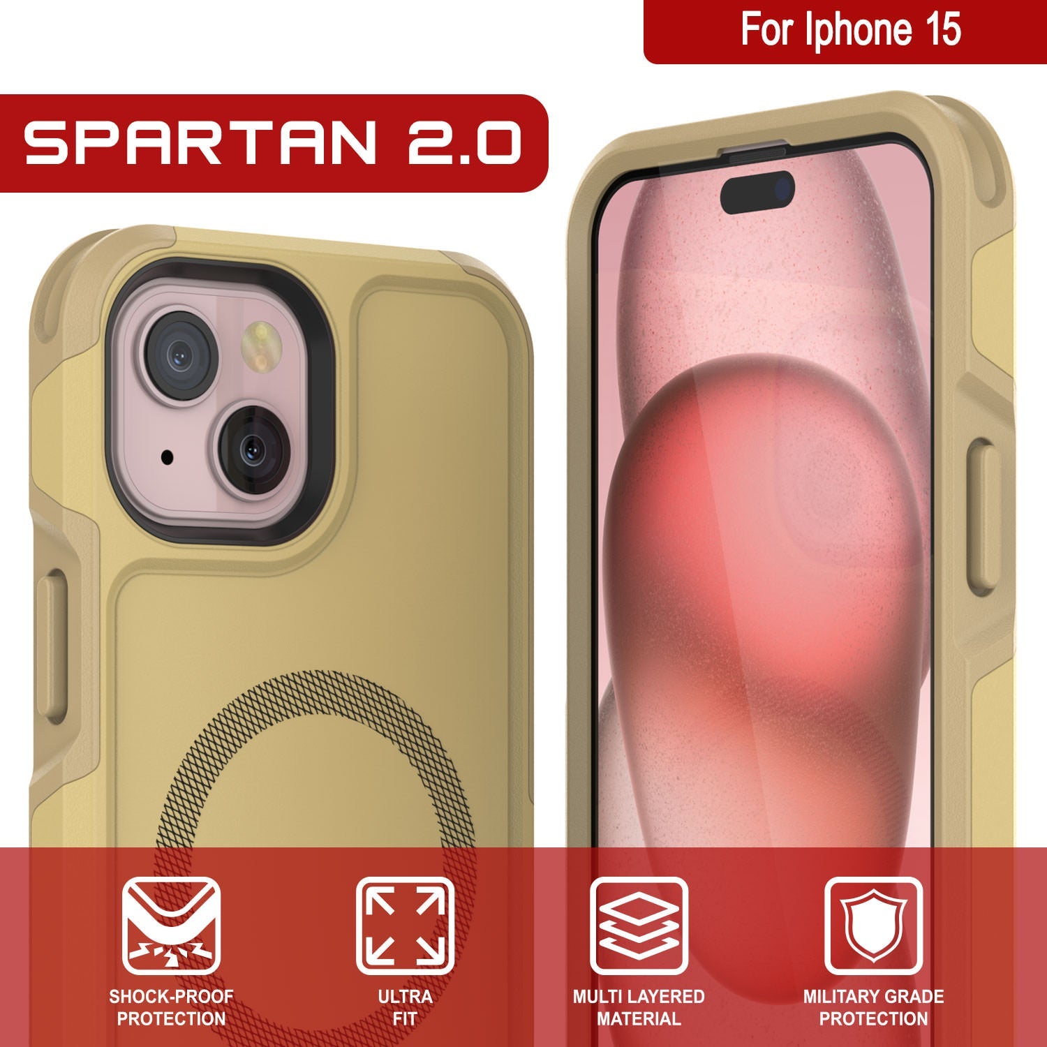 PunkCase iPhone 15 Case, [Spartan 2.0 Series] Clear Rugged Heavy Duty Cover W/Built in Screen Protector [yellow]