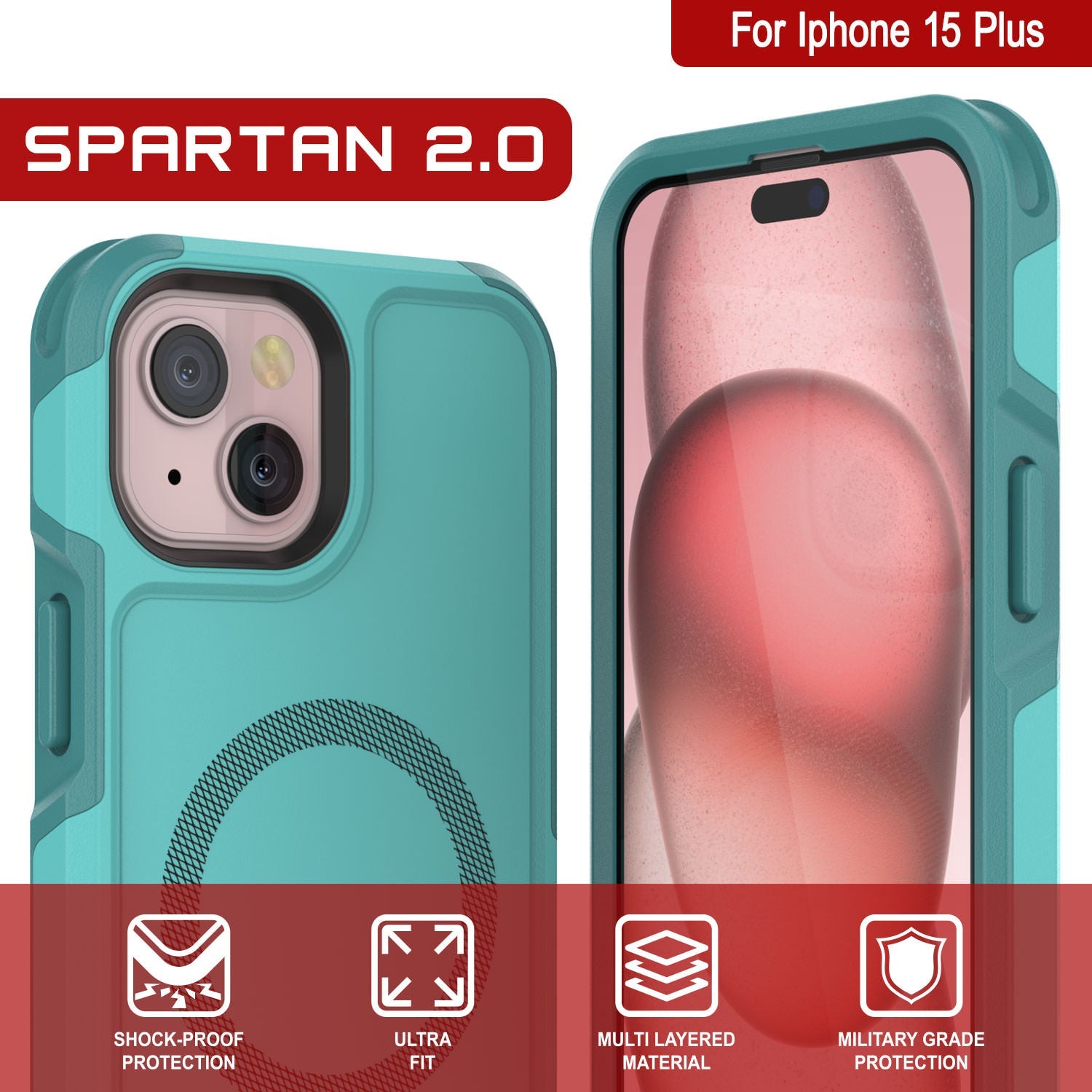 PunkCase iPhone 15 Plus Case, [Spartan 2.0 Series] Clear Rugged Heavy Duty Cover W/Built in Screen Protector [Blue]