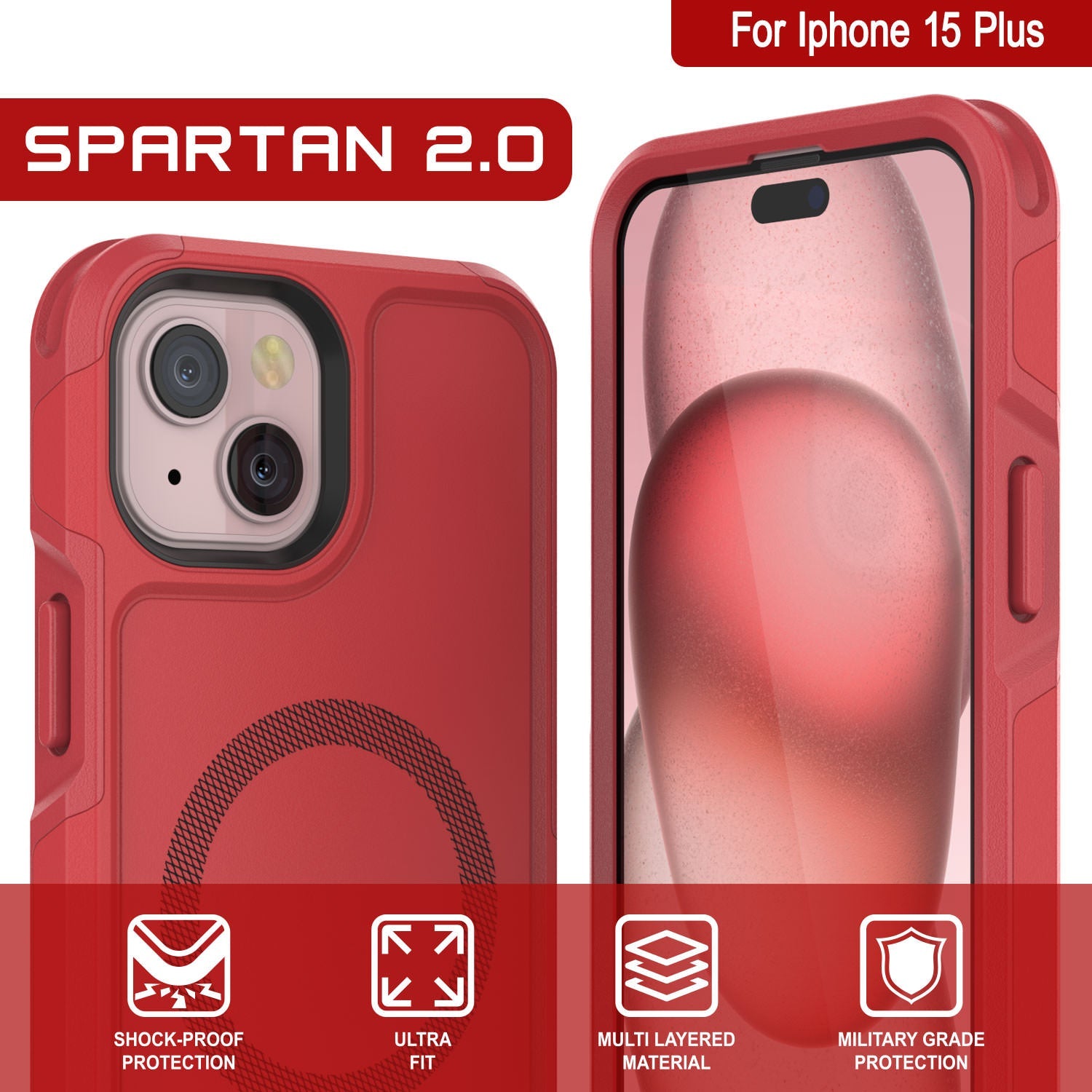 PunkCase iPhone 15 Plus Case, [Spartan 2.0 Series] Clear Rugged Heavy Duty Cover W/Built in Screen Protector [red]