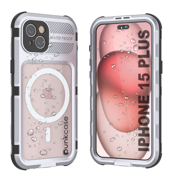 iPhone 15 Plus Metal Extreme 2.0 Series Aluminum Waterproof Case IP68 W/Buillt in Screen Protector [White]