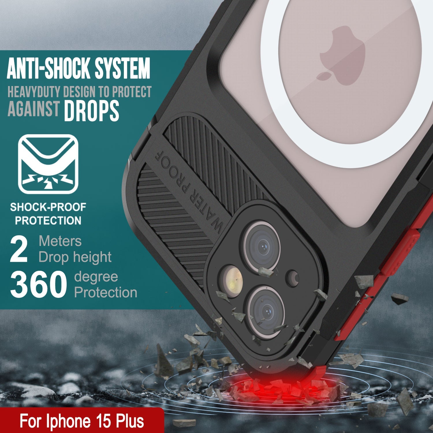 iPhone 15 Plus Metal Extreme 2.0 Series Aluminum Waterproof Case IP68 W/Buillt in Screen Protector [Black-Red]