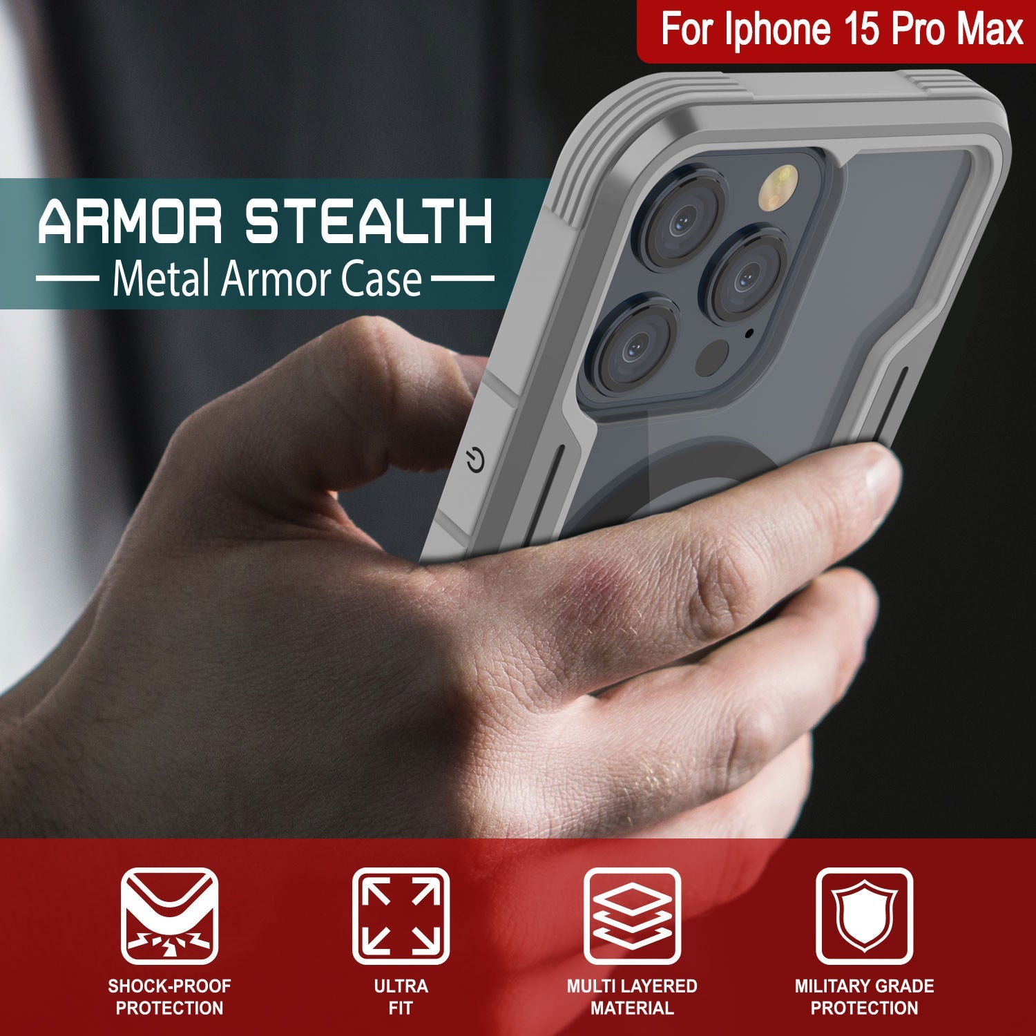 Punkcase iPhone 15 Pro Max Armor Stealth MAG Defense Case Protective Military Grade Multilayer Cover [Grey]