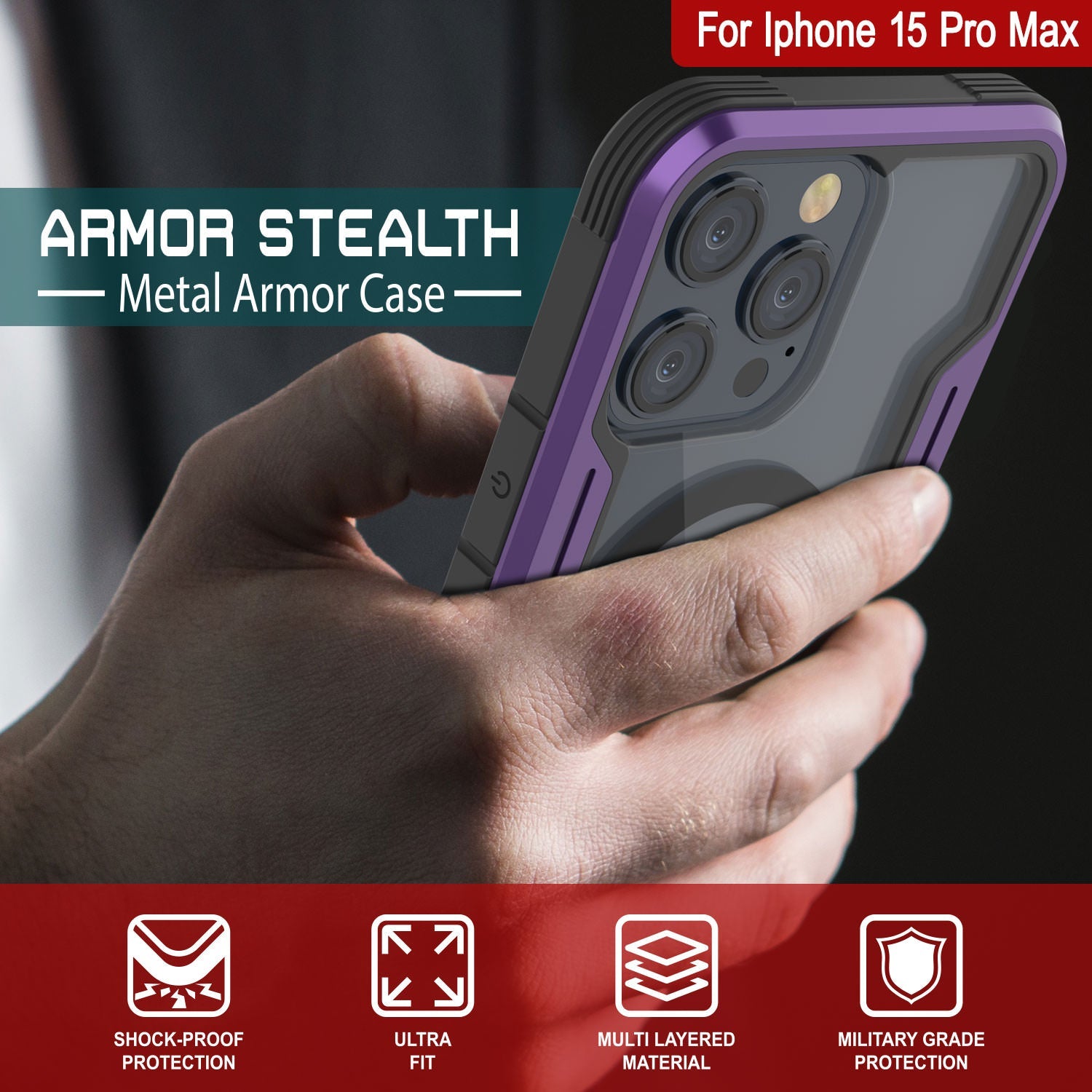 Punkcase iPhone 15 Pro Max Armor Stealth MAG Defense Case Protective Military Grade Multilayer Cover [Purple]