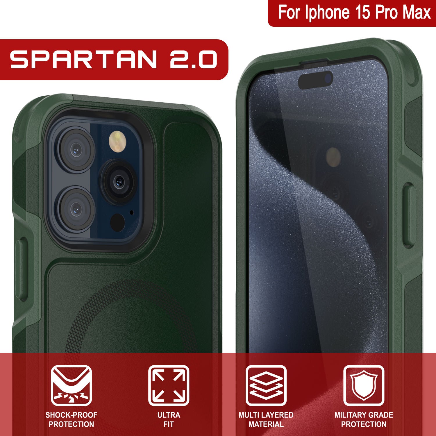PunkCase iPhone 15 Pro Max Case, [Spartan 2.0 Series] Clear Rugged Heavy Duty Cover W/Built in Screen Protector [dark green]