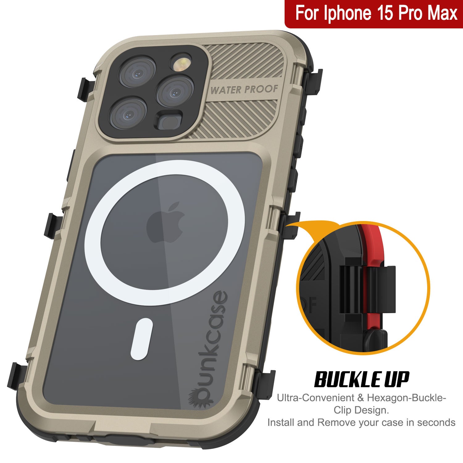 iPhone 15 Pro Max Metal Extreme 2.0 Series Aluminum Waterproof Case IP68 W/Buillt in Screen Protector [Gold]