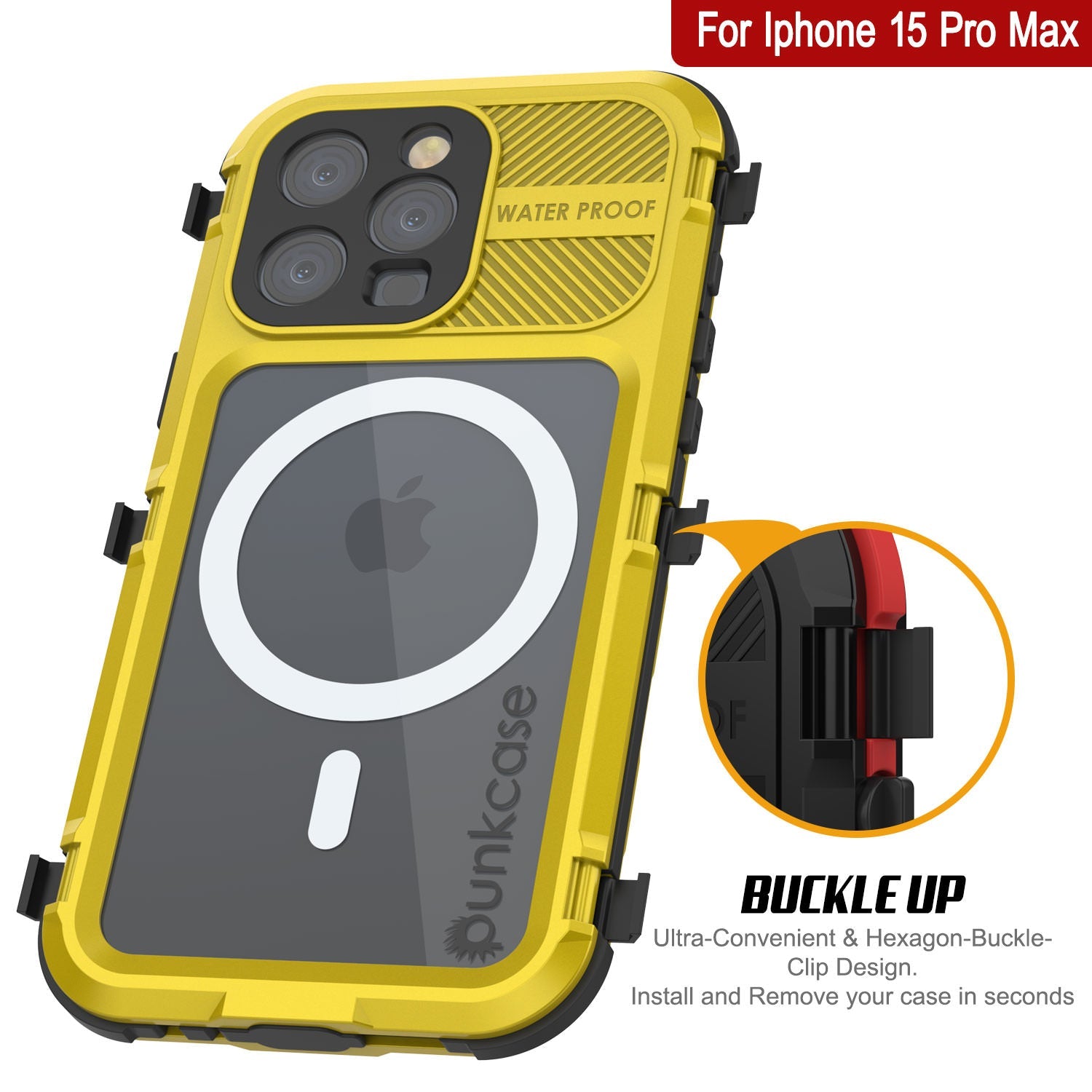 iPhone 15 Pro Max Metal Extreme 2.0 Series Aluminum Waterproof Case IP68 W/Buillt in Screen Protector [Yellow]