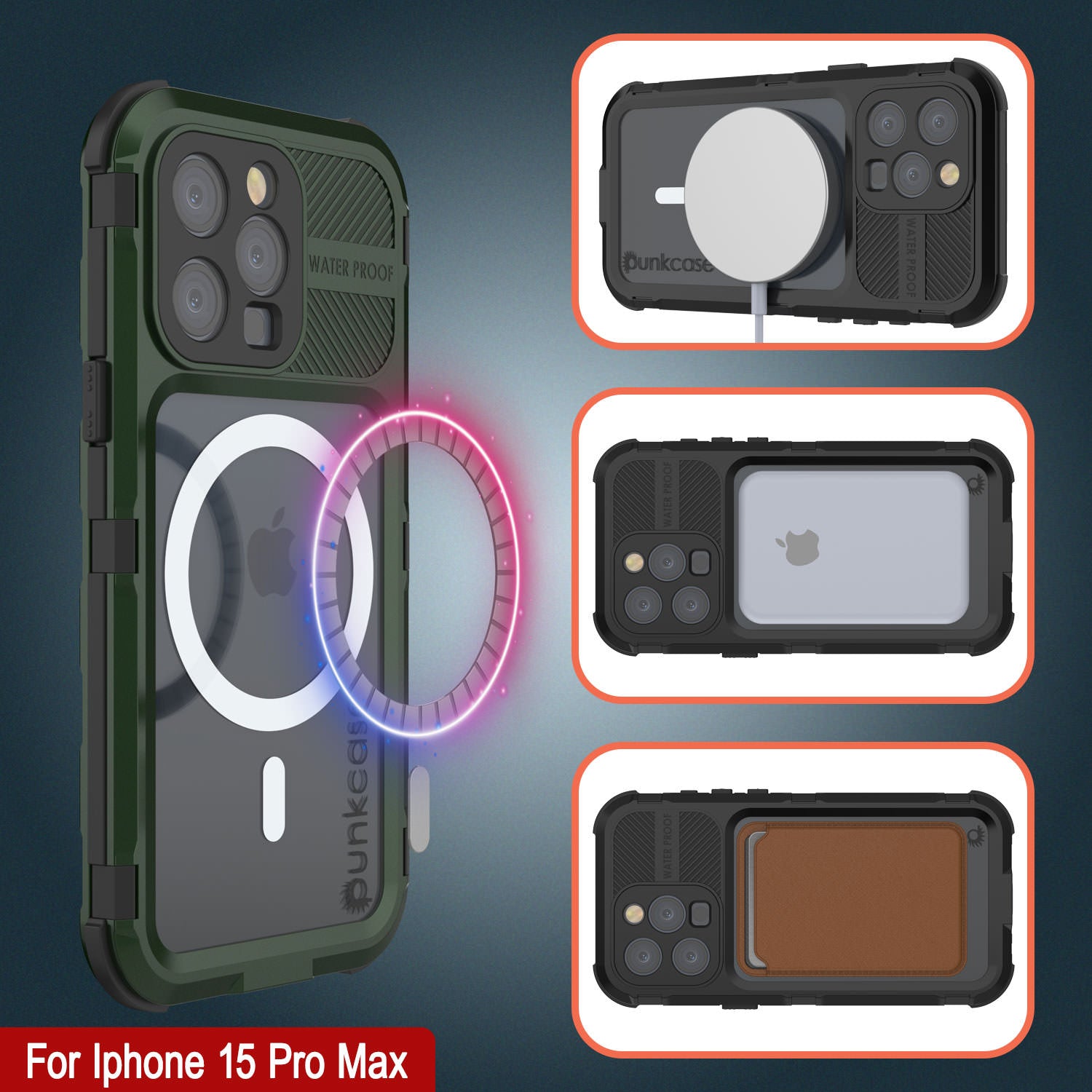 iPhone 15 Pro Max Metal Extreme 2.0 Series Aluminum Waterproof Case IP68 W/Buillt in Screen Protector [Dark Green]