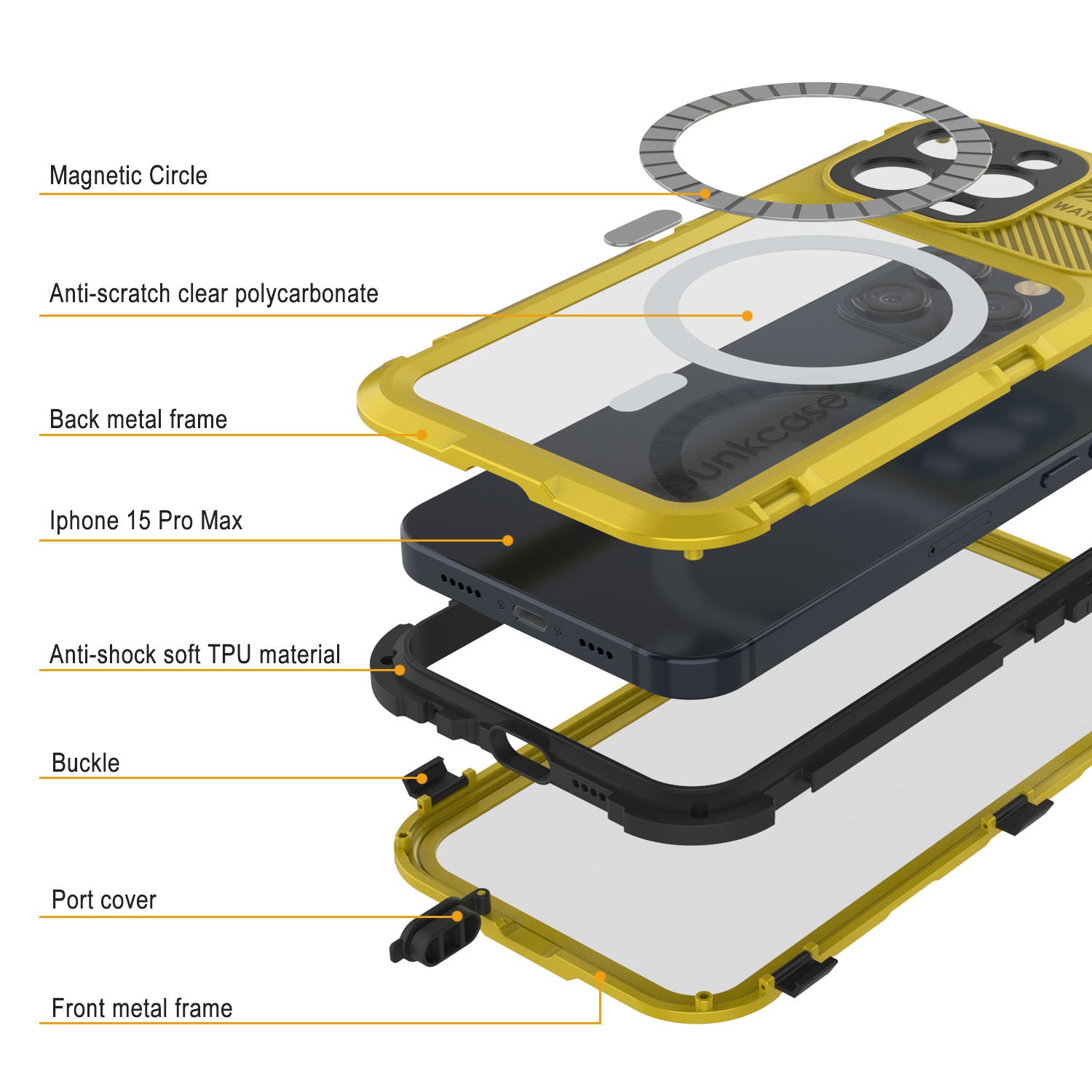 iPhone 15 Pro Max Metal Extreme 2.0 Series Aluminum Waterproof Case IP68 W/Buillt in Screen Protector [Yellow]