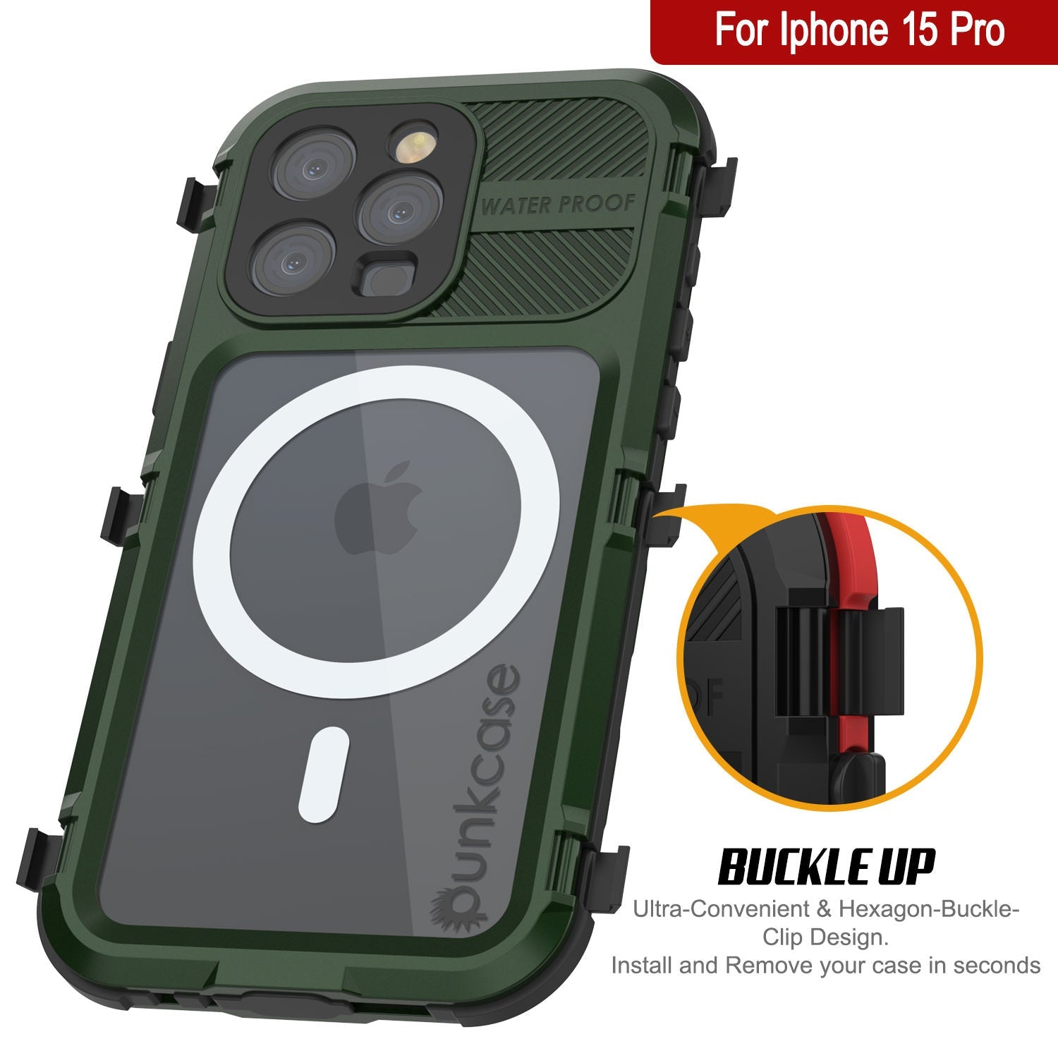 iPhone 15 Pro Metal Extreme 2.0 Series Aluminum Waterproof Case IP68 W/Buillt in Screen Protector [Dark-Green]