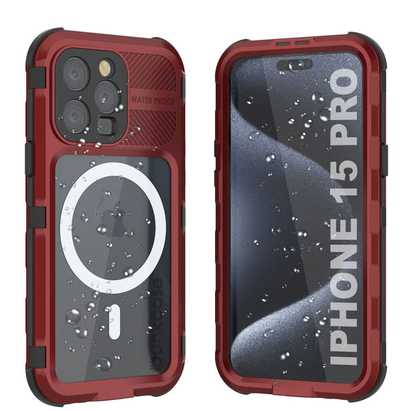 iPhone 15 Pro Metal Extreme 2.0 Series Aluminum Waterproof Case IP68 W/Buillt in Screen Protector [Red-Black]