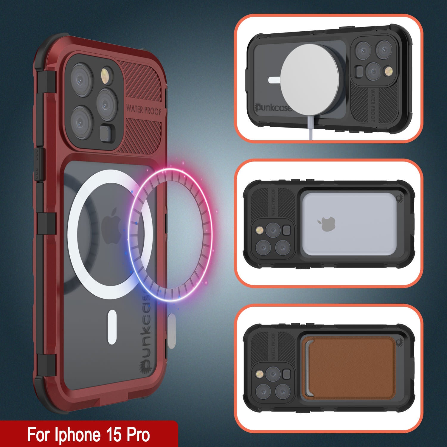 iPhone 15 Pro Metal Extreme 2.0 Series Aluminum Waterproof Case IP68 W/Buillt in Screen Protector [Red-Black]