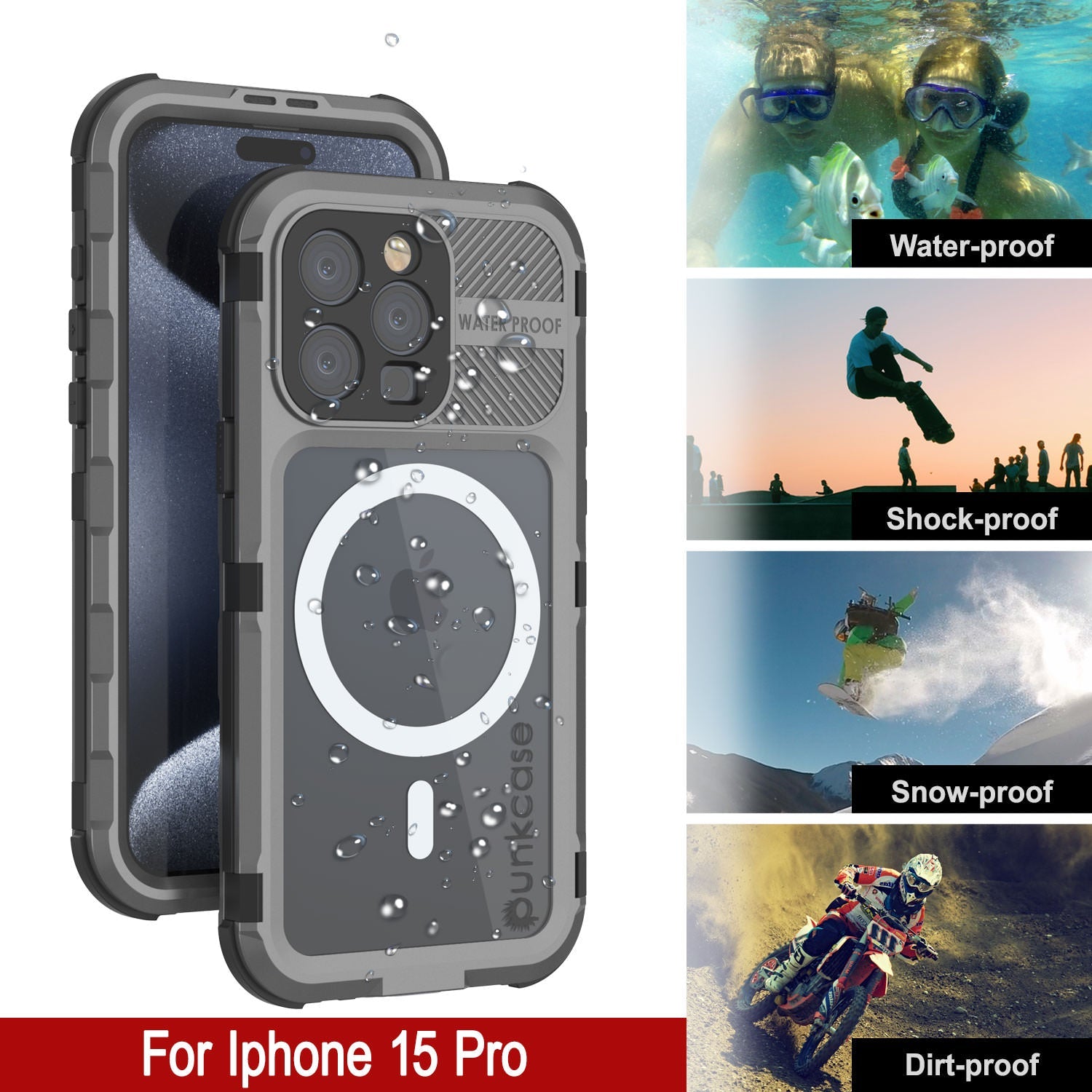iPhone 15 Pro Metal Extreme 2.0 Series Aluminum Waterproof Case IP68 W/Buillt in Screen Protector [Silver]