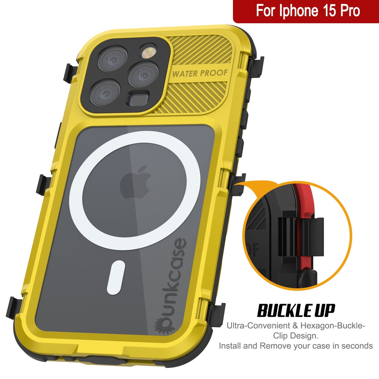 iPhone 15 Pro Metal Extreme 2.0 Series Aluminum Waterproof Case IP68 W/Buillt in Screen Protector [Yellow]