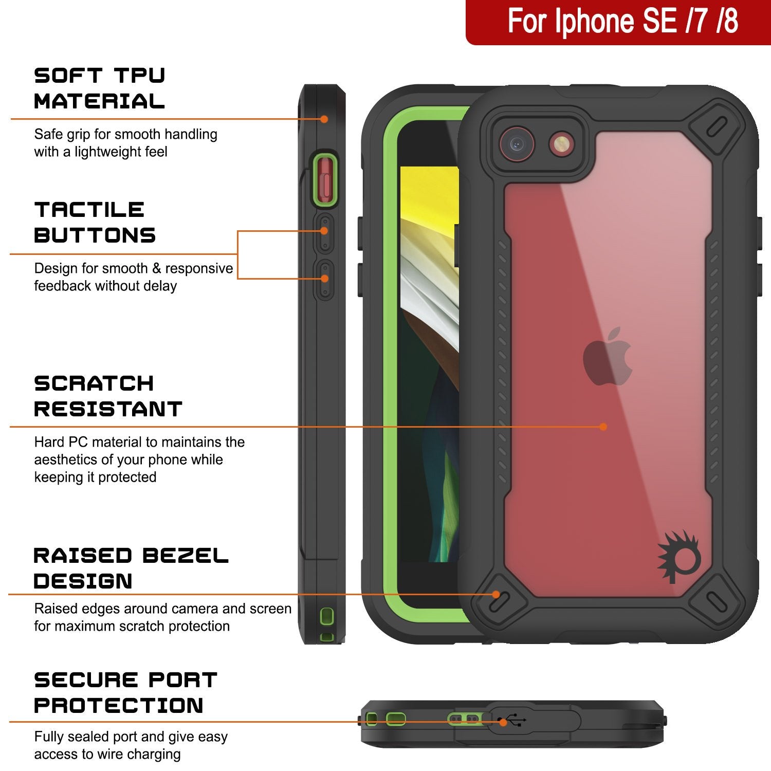 iPhone 8 Waterproof IP68 Case, Punkcase [Green]  [Maximus Series] [Slim Fit] [IP68 Certified] [Shockresistant] Clear Armor Cover with Screen Protector | Ultimate Protection
