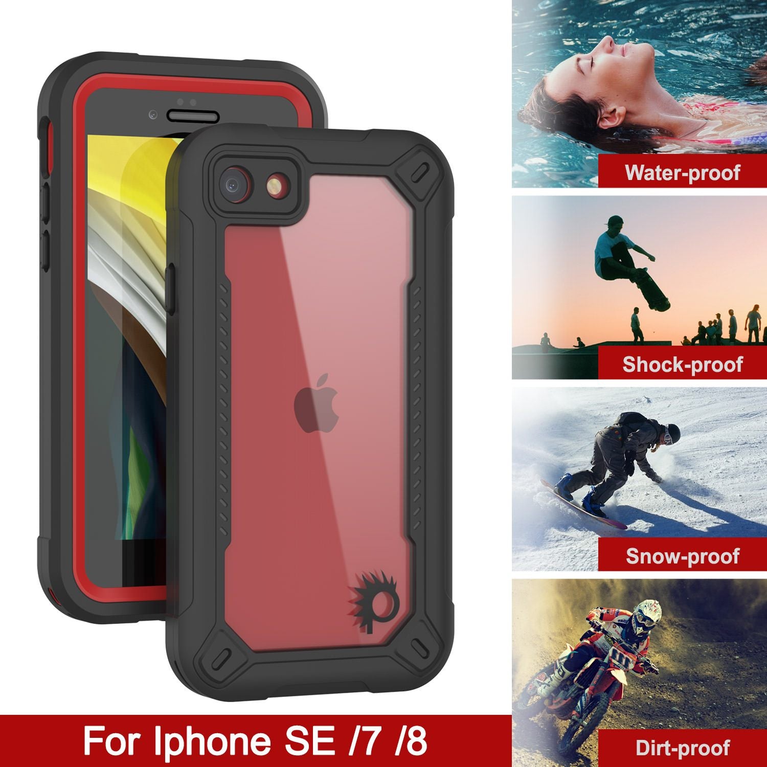 iPhone SE (4.7") Waterproof IP68 Case, Punkcase [red]  [Maximus Series] [Slim Fit] [IP68 Certified] [Shockresistant] Clear Armor Cover with Screen Protector | Ultimate Protection