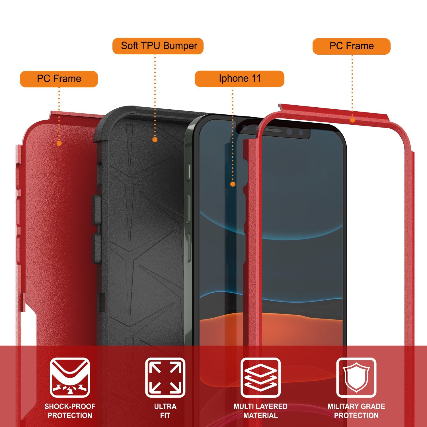 Punkcase for iPhone 11 Belt Clip Multilayer Holster Case [Patron Series] [Red-Black]